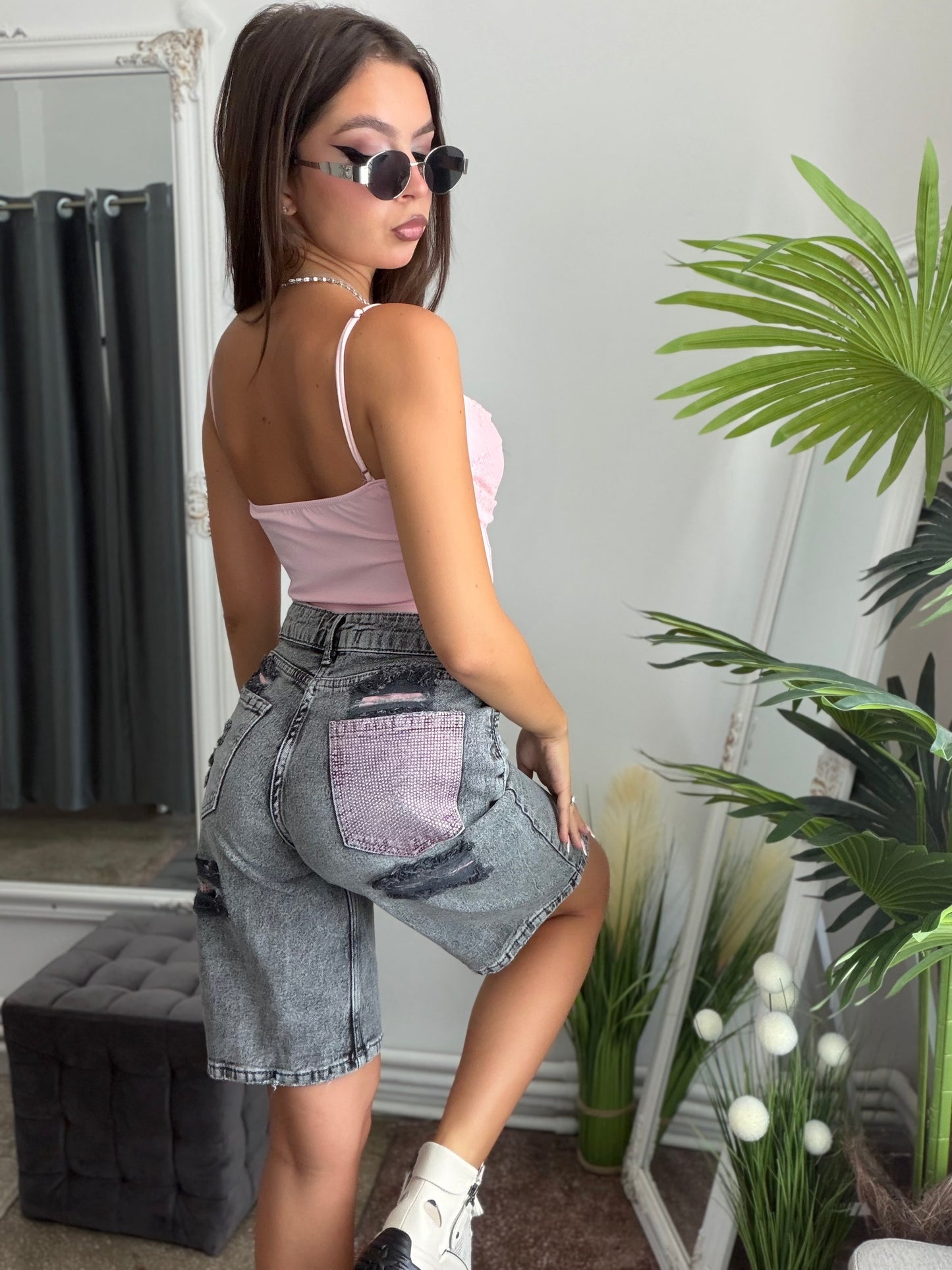 Jeans tip bermude gri PINK POCKET