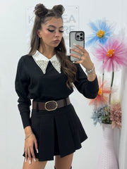 Pulover cu guler de cămașă accesorizat