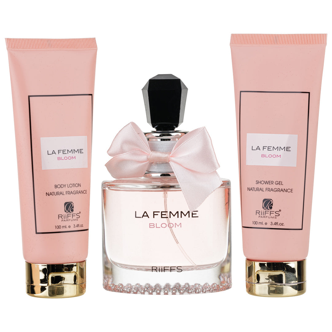 Set Cadou La Femme Bloom Apa de Parfum 100ml + Gel De Dus 100ml + Lotiune de corp 100ml, Riiffs