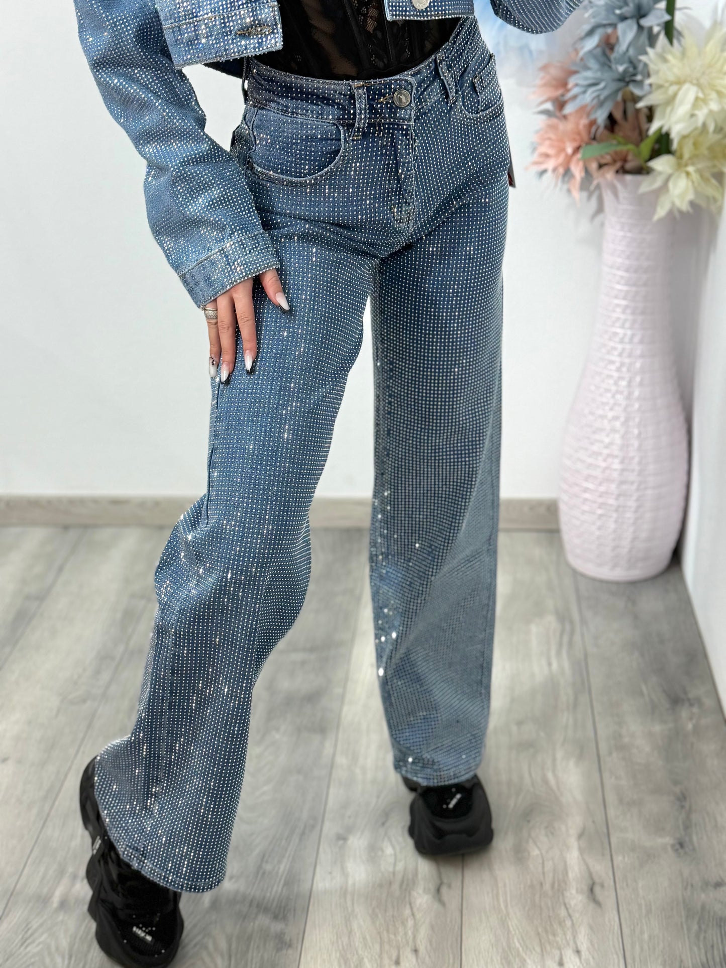 Blugi WideLeg full piatră albastri Xonia