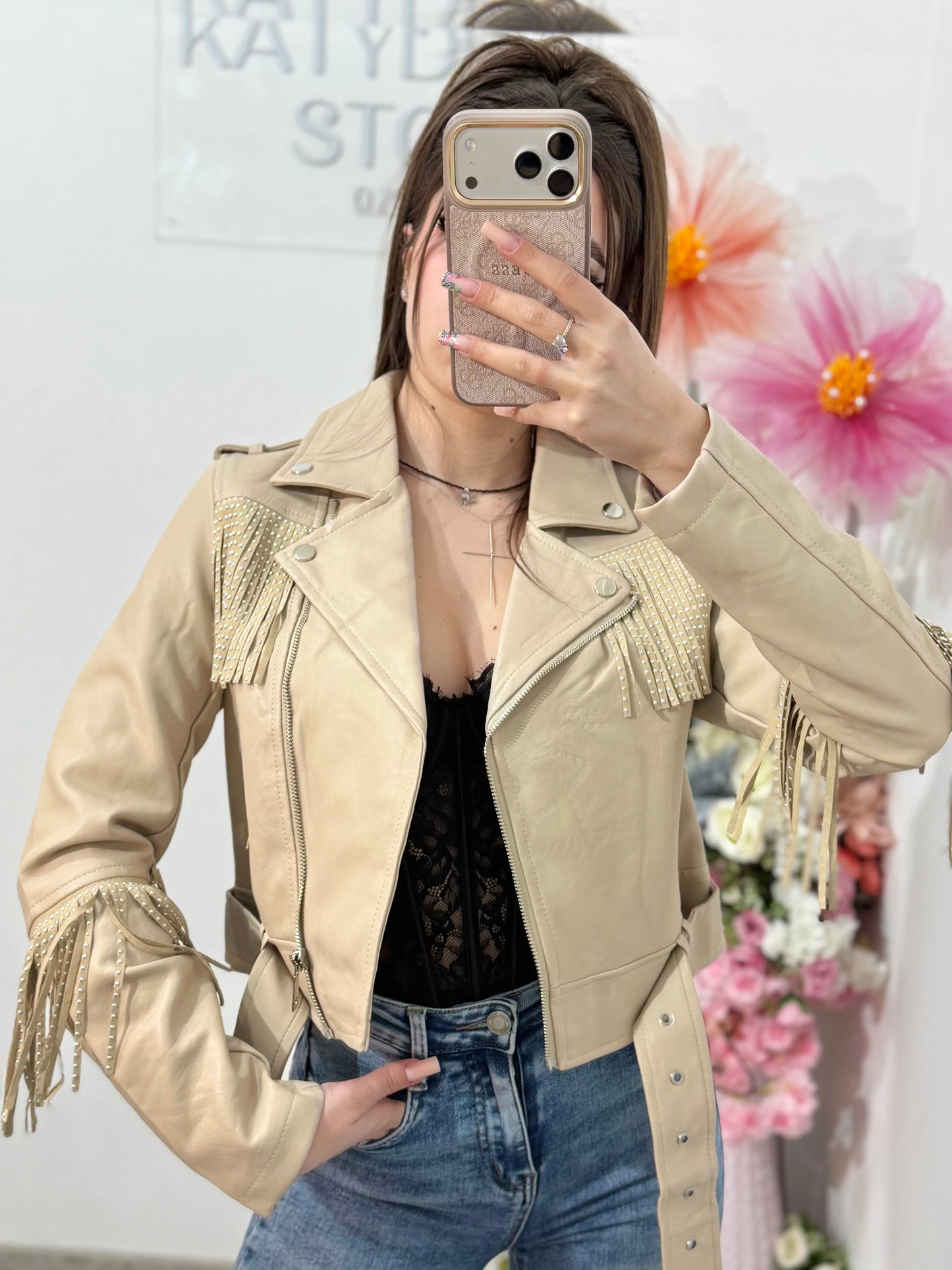 Geacă din imitație de piele cu franjuri bej MARA