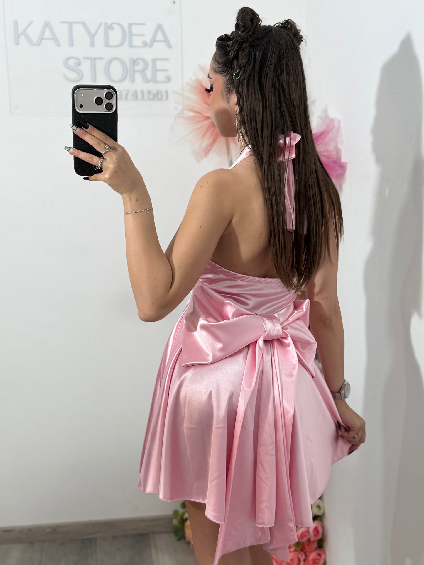 Rochie satinata cu funda BELLE roz pudra