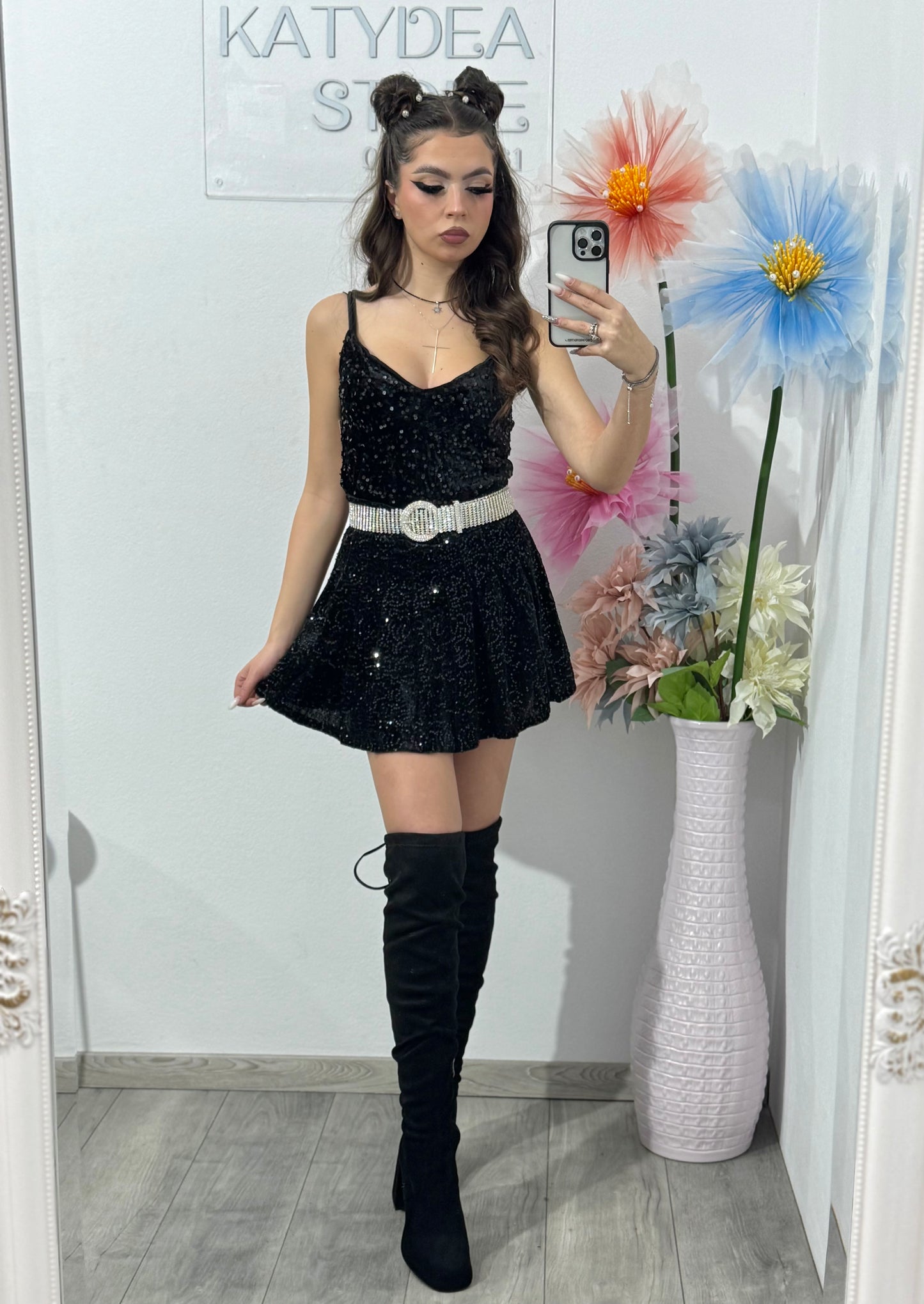 Fustă-pantalon plisată din paiete neagră DELIA