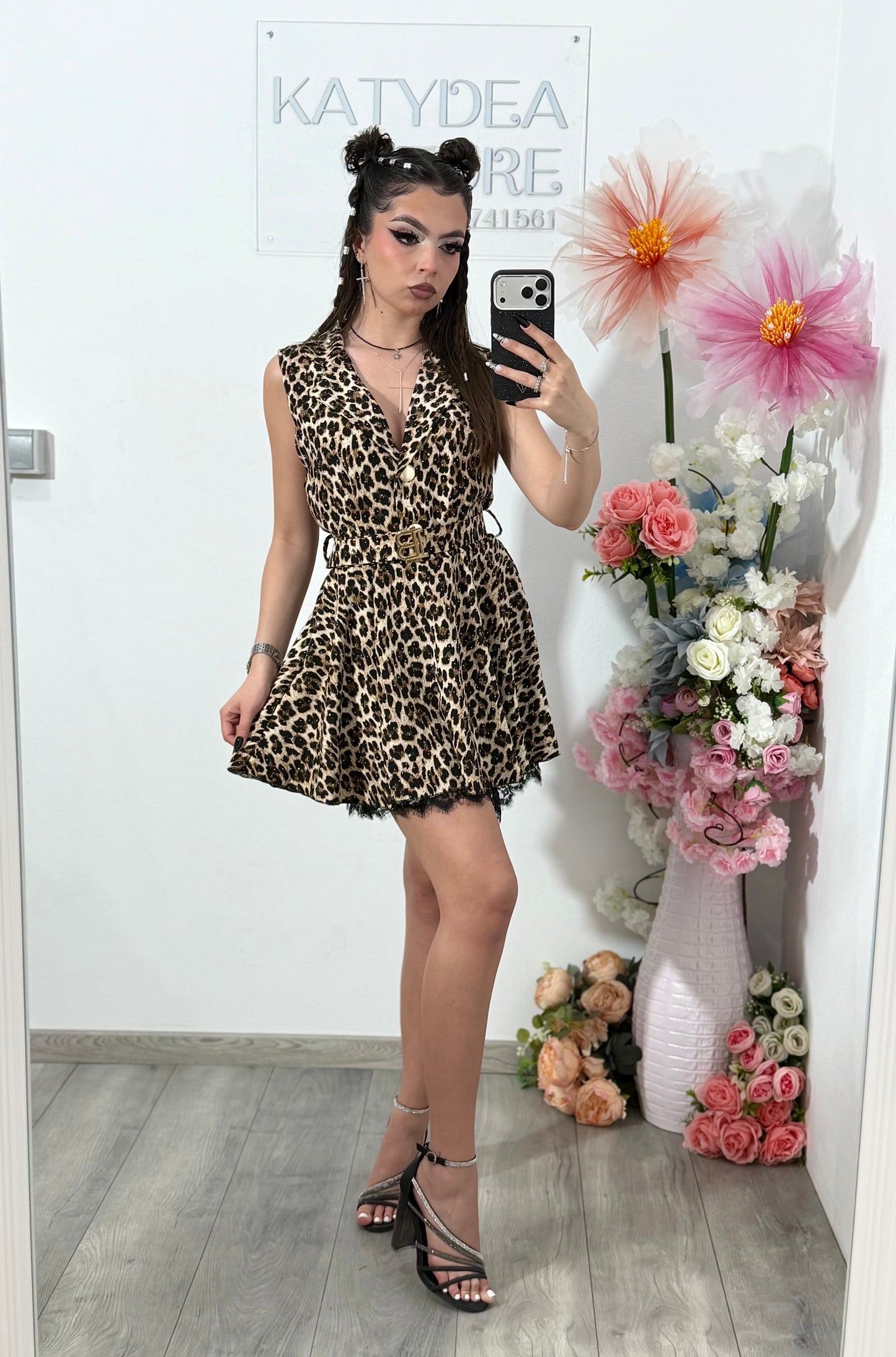 Salopetă elegantă cu cristale și imprimeu animal VICTORIA