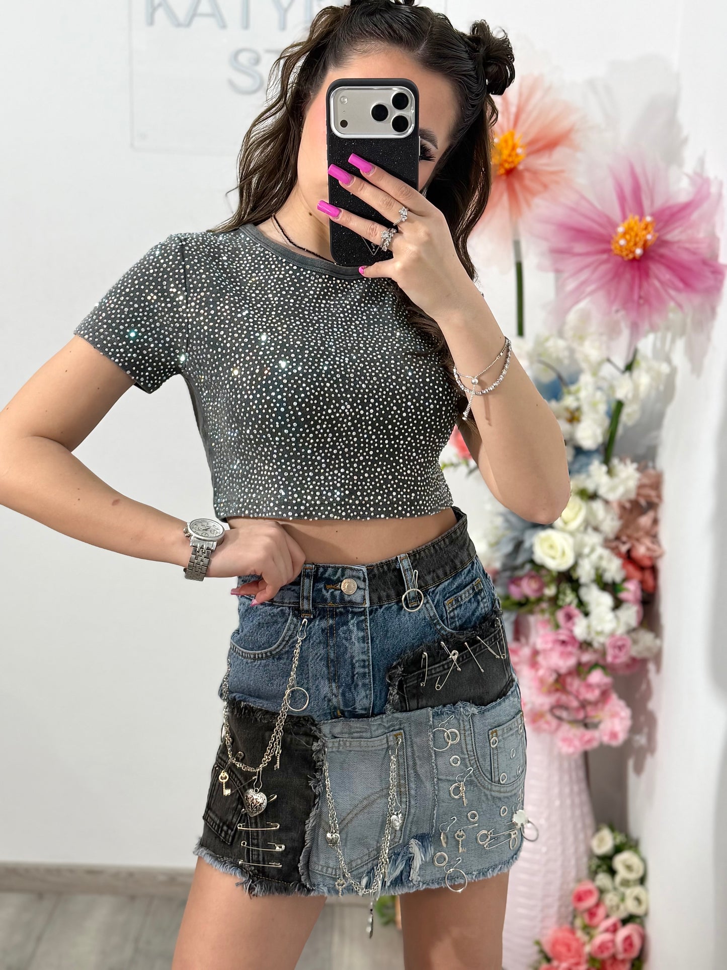 Tricou crop cu cristale ALIS