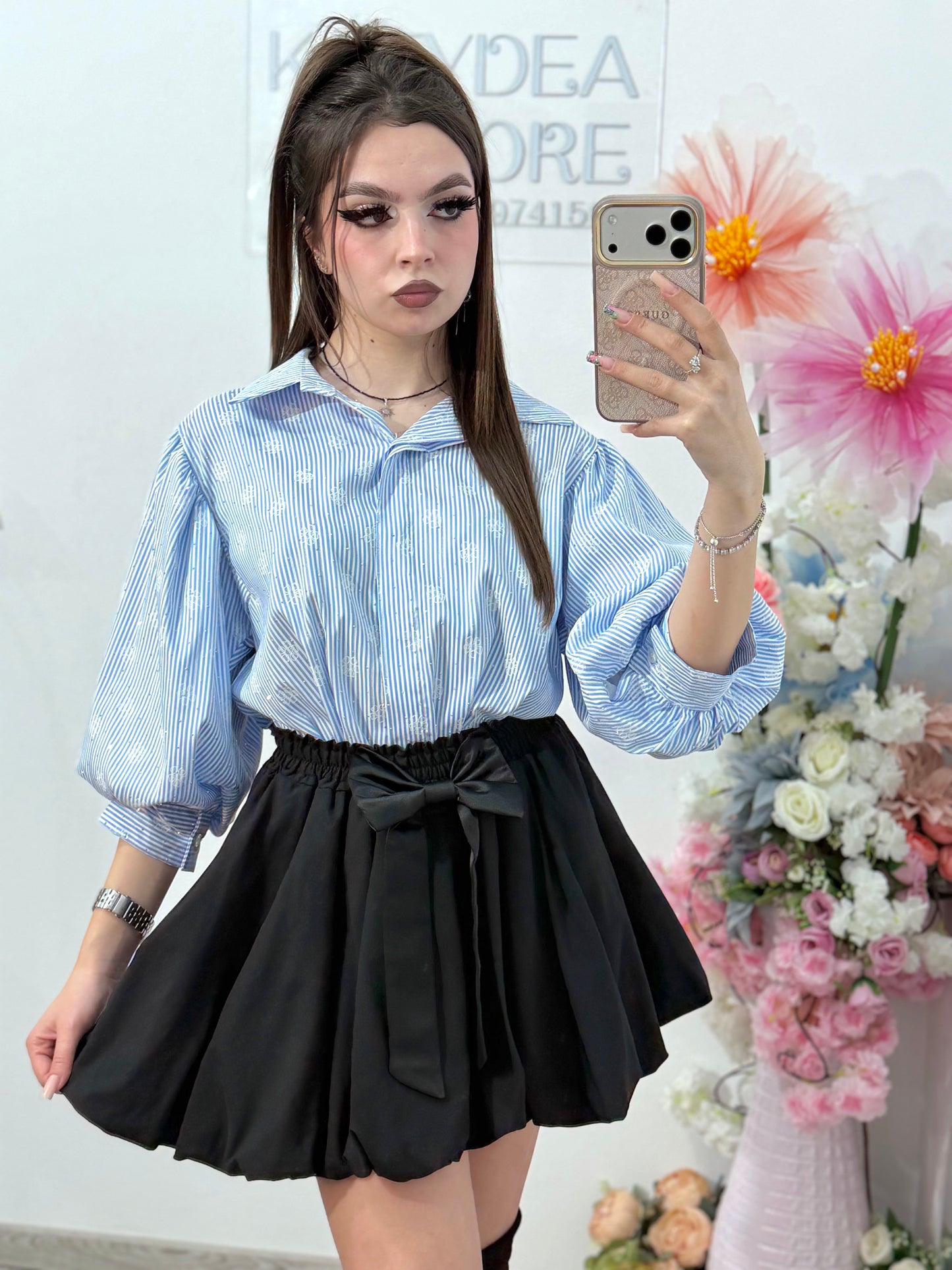 Cămașă delicată cu dungi și cristale ștanțate DELIA