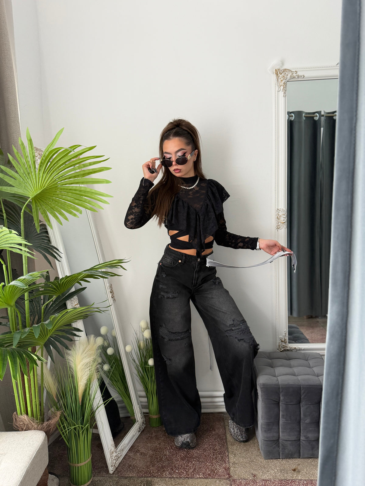 Jeans WideLeg negri cu cristale ARYA