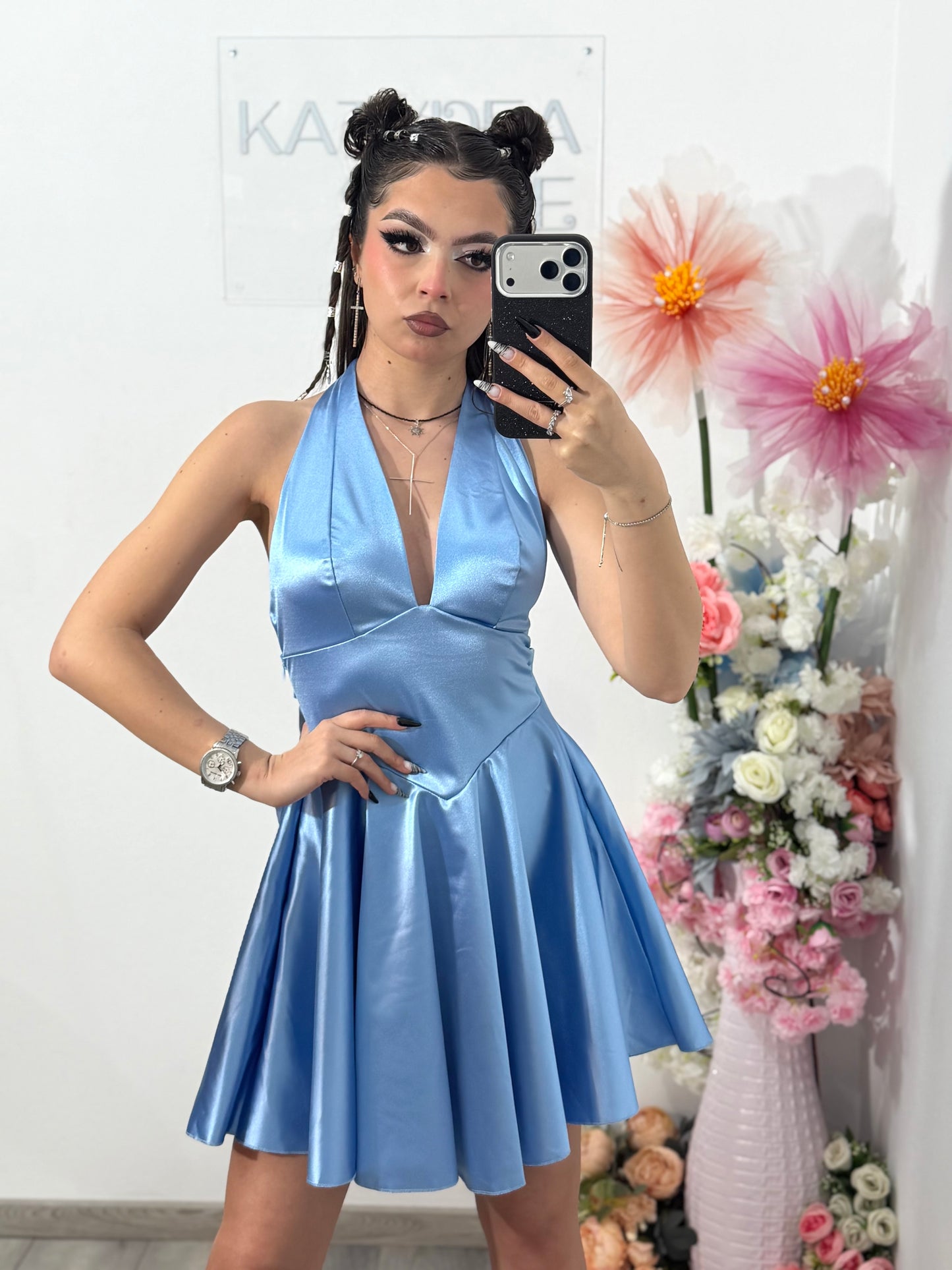 Rochie satinata cu funda BELLE babyblue