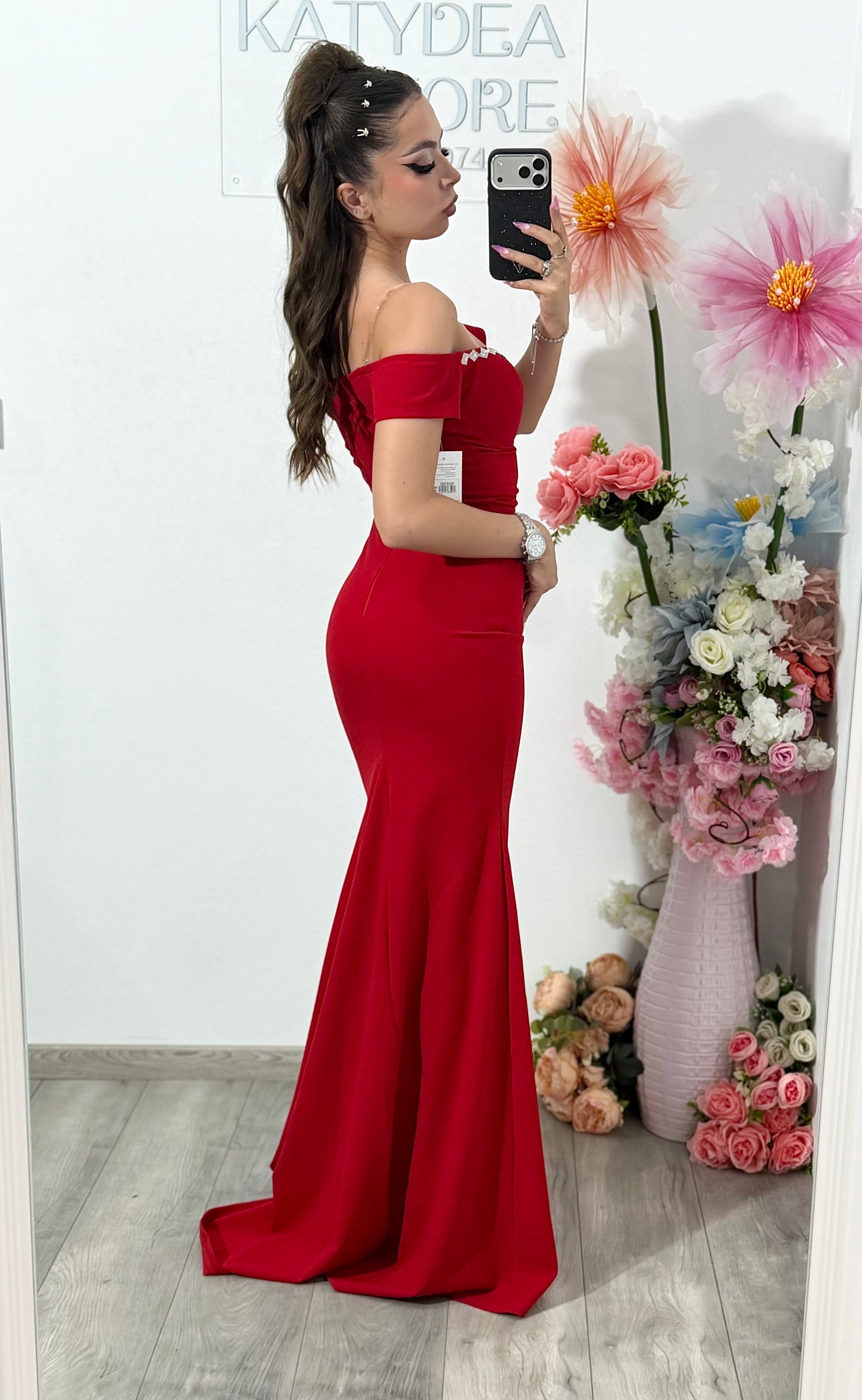 Rochie rosie lunga tip sirena Katherine