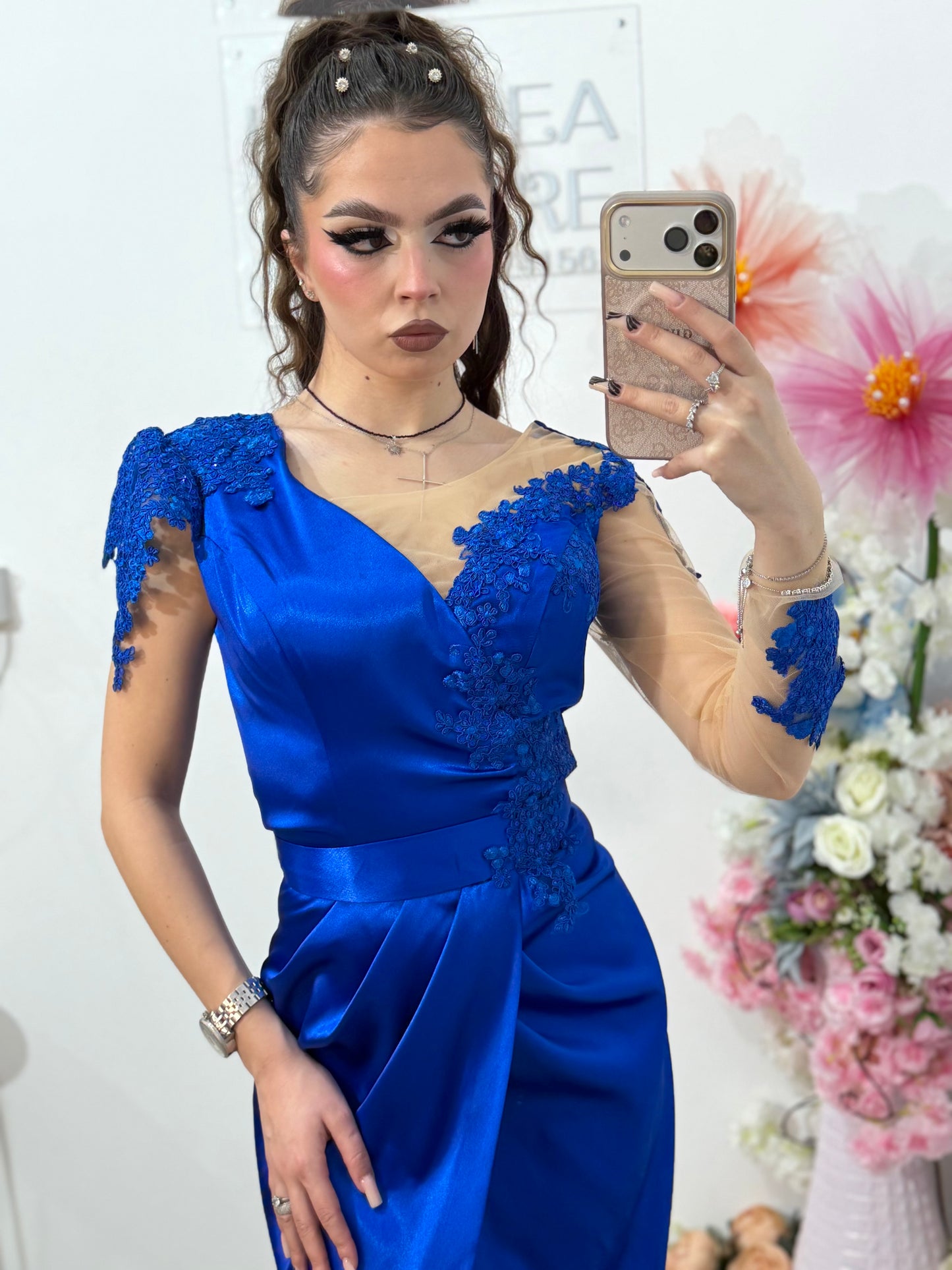 Rochie lunga din tafta albastru safir Anasofia