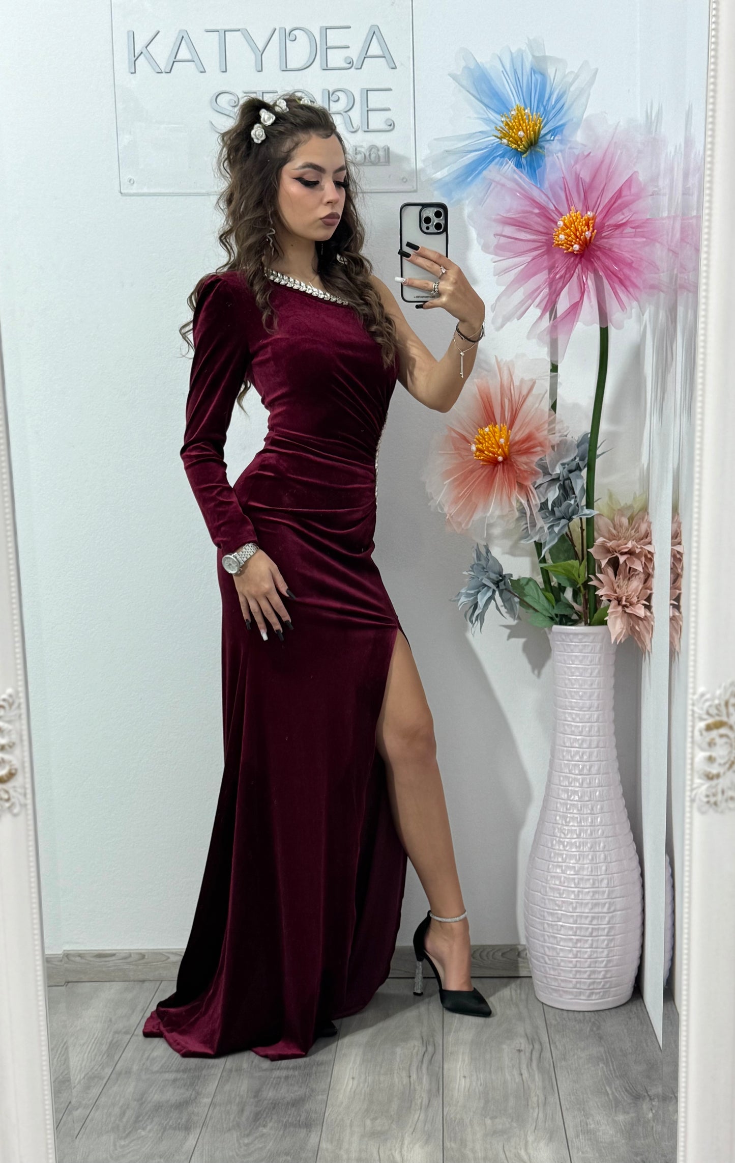 Rochie lunga din catifea burgundy Hellena