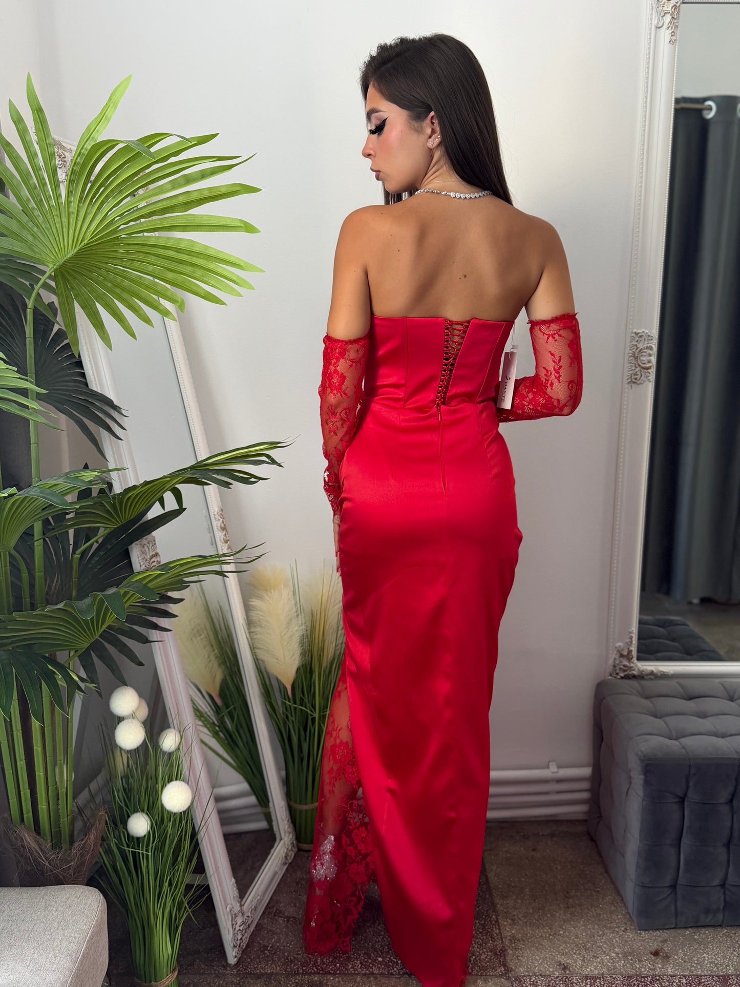 Rochie din tafta și dantelă roșie ELEGANCE