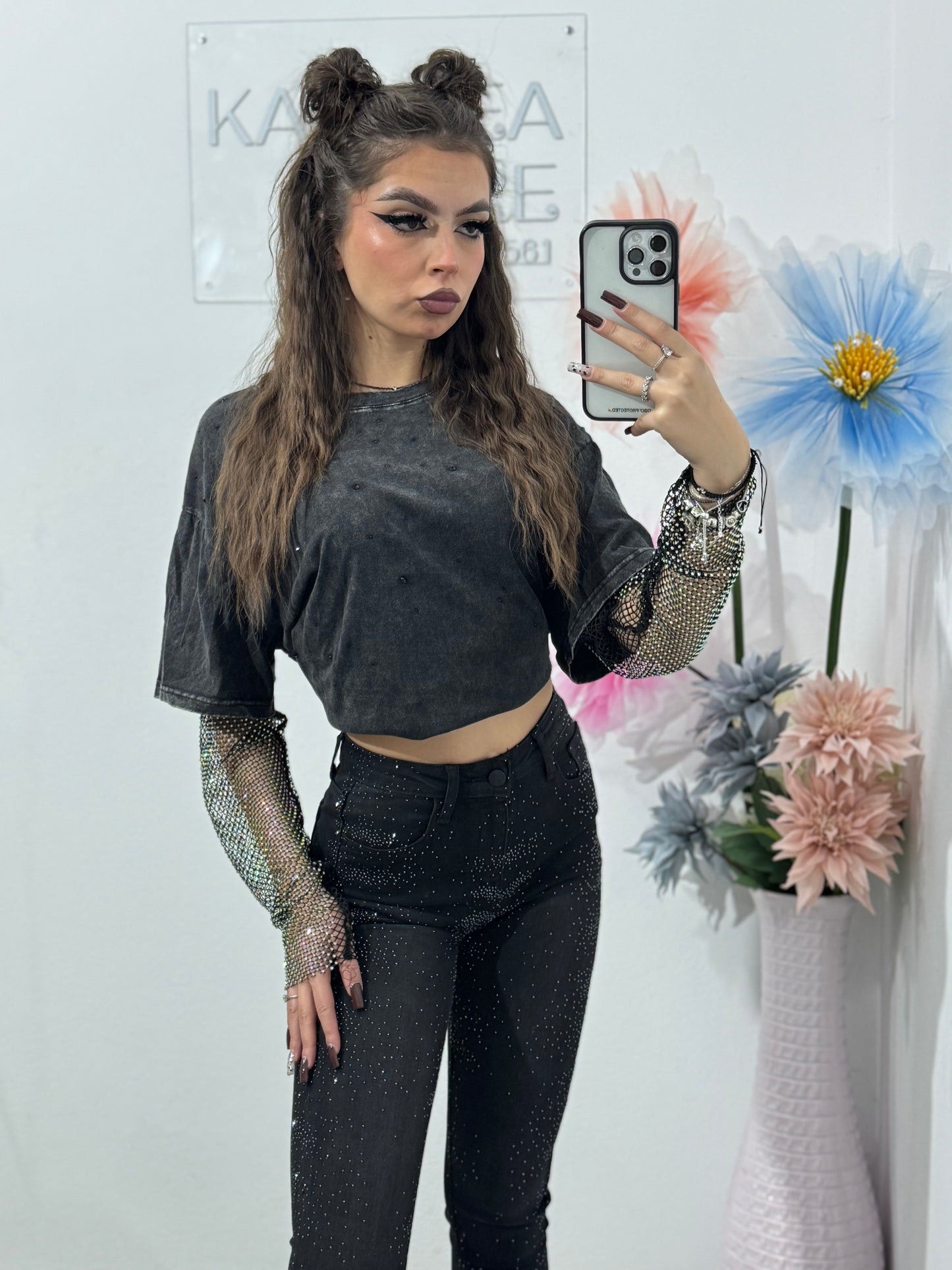 Jeans skinny negri cu cristale ștanțate DARIA