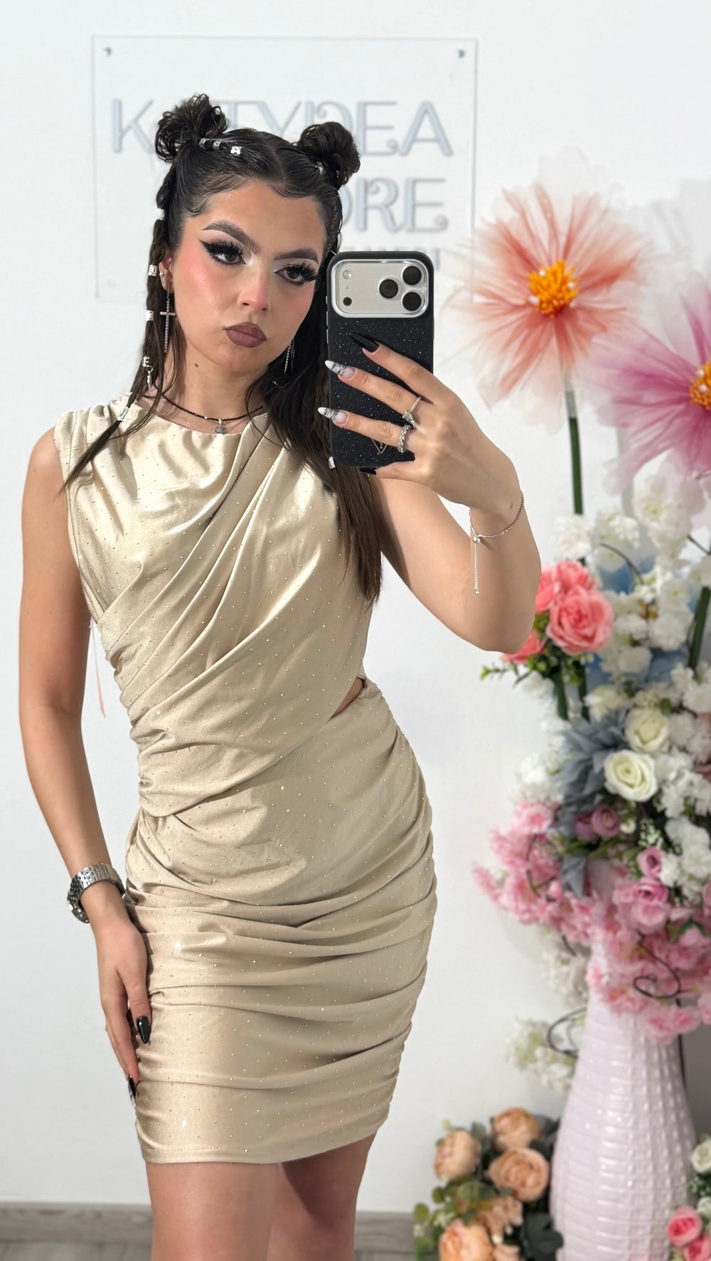 Rochie elegantă cu cristale ștanțate bej SELENA