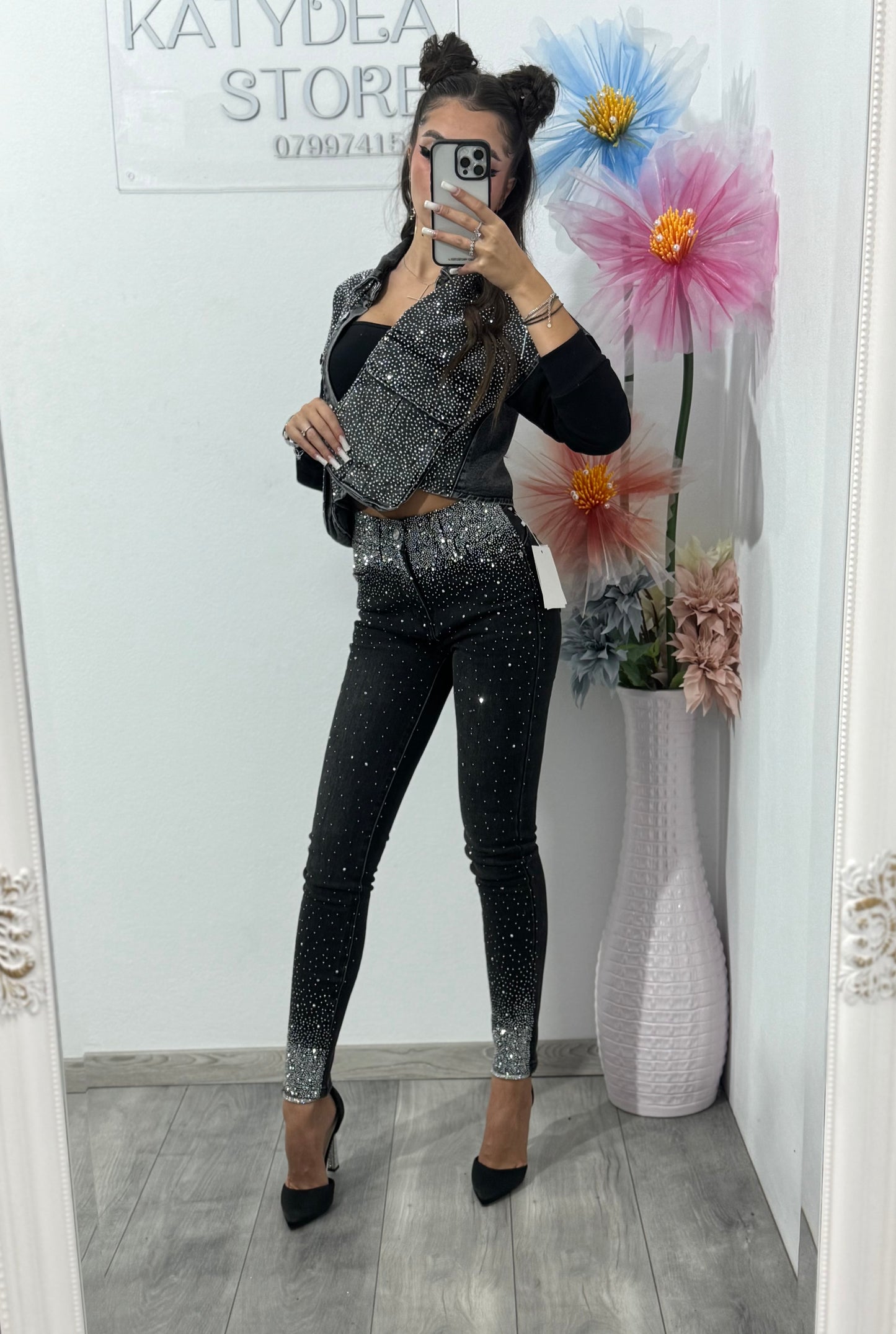 Jeans skinny gri cu cristale Oliva