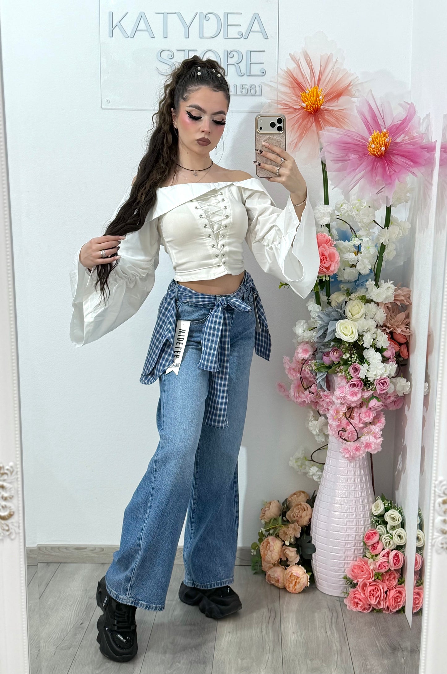 Jeans WideLeg albaștri cu cămașa în carouri detașabilă MONIK