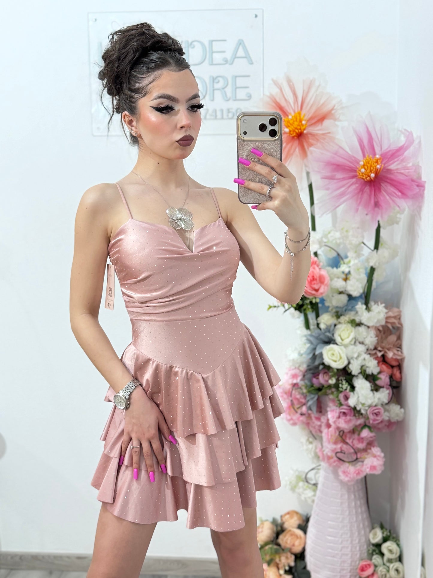 Rochie scurta roz pudră cu cristale ștanțate ZONIA