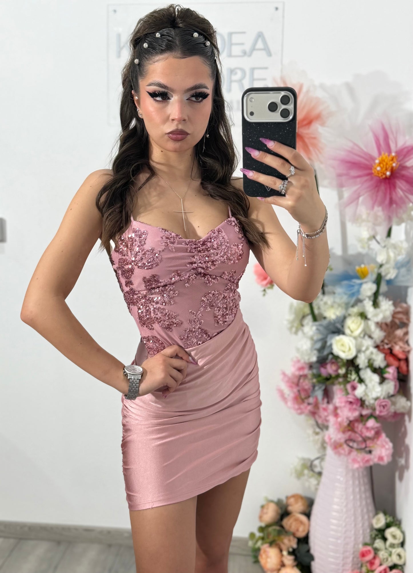 Rochie elegantă cu paiete roz MELEK