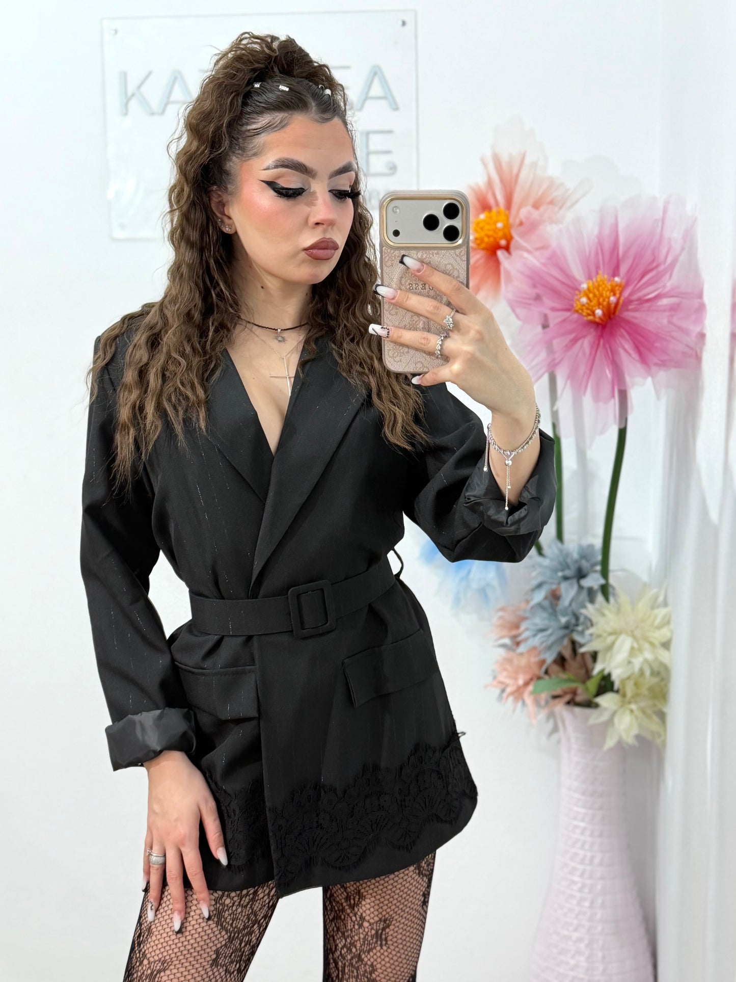 Sacou cu dantelă și curea negru ANDREEA