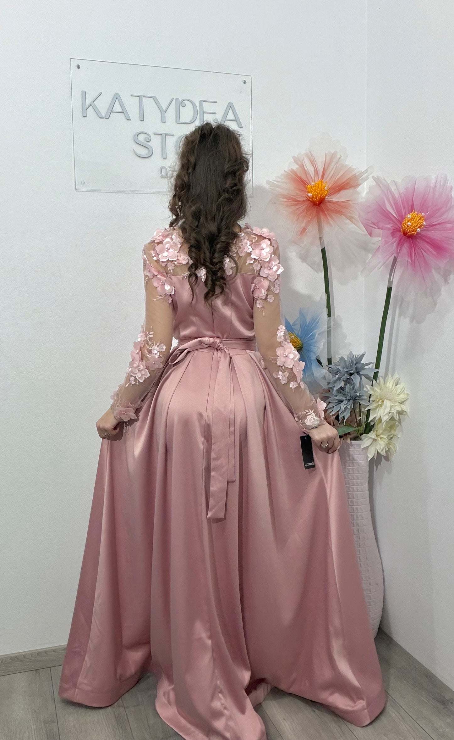 Rochie lunga din tafta roz cu dantela 3D AnaSofia