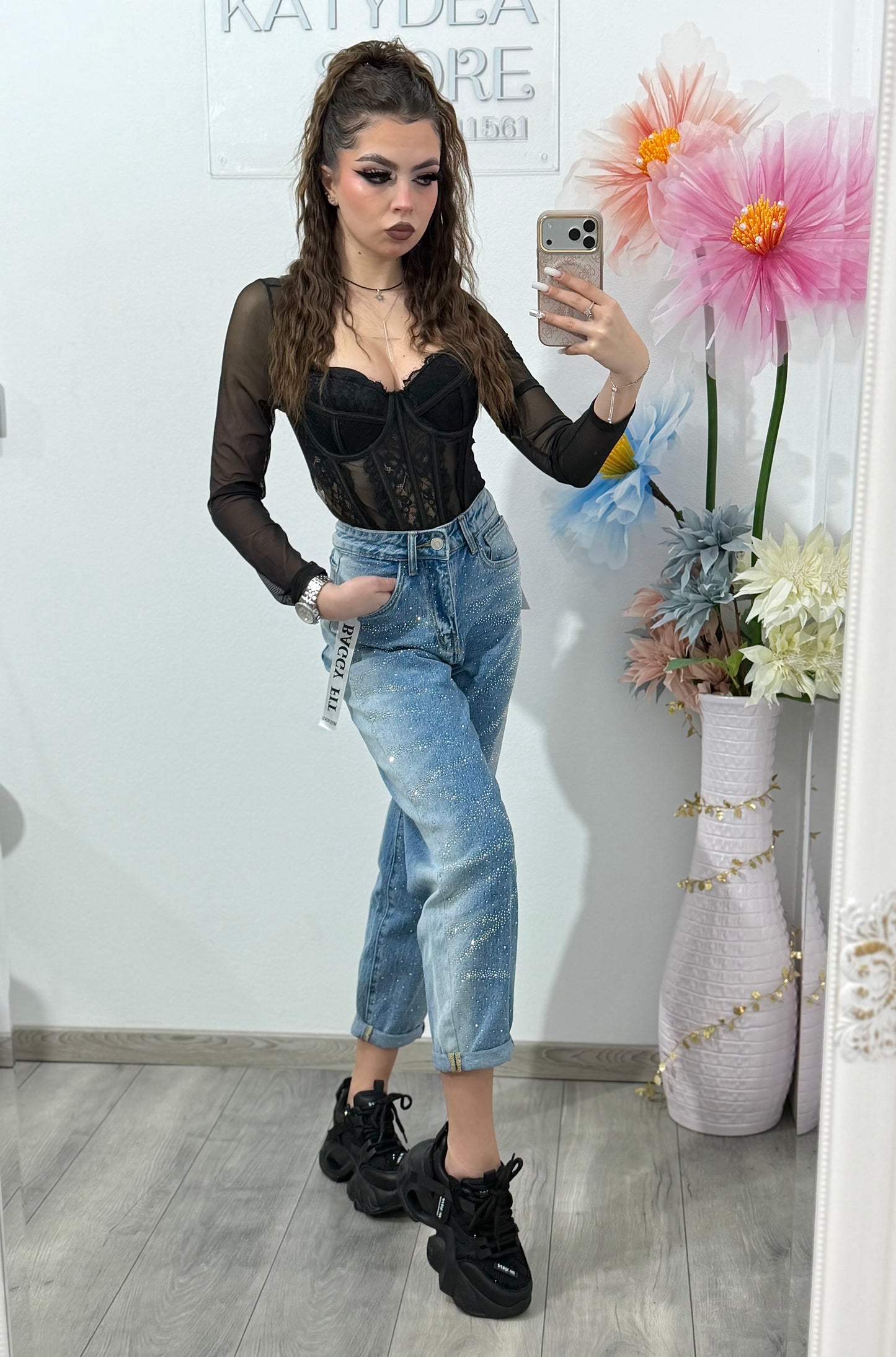 Blugi momfit albaștri cu cristale CARLA