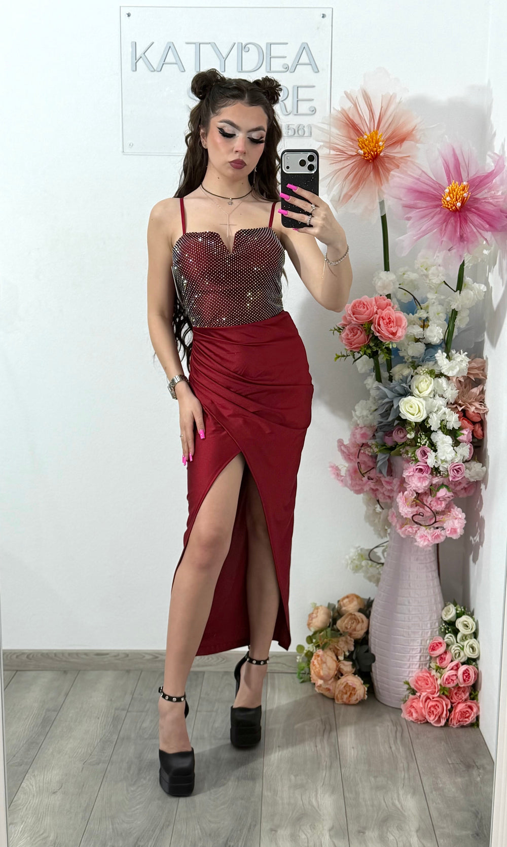 Rochie midi cu cristale grena DELIA