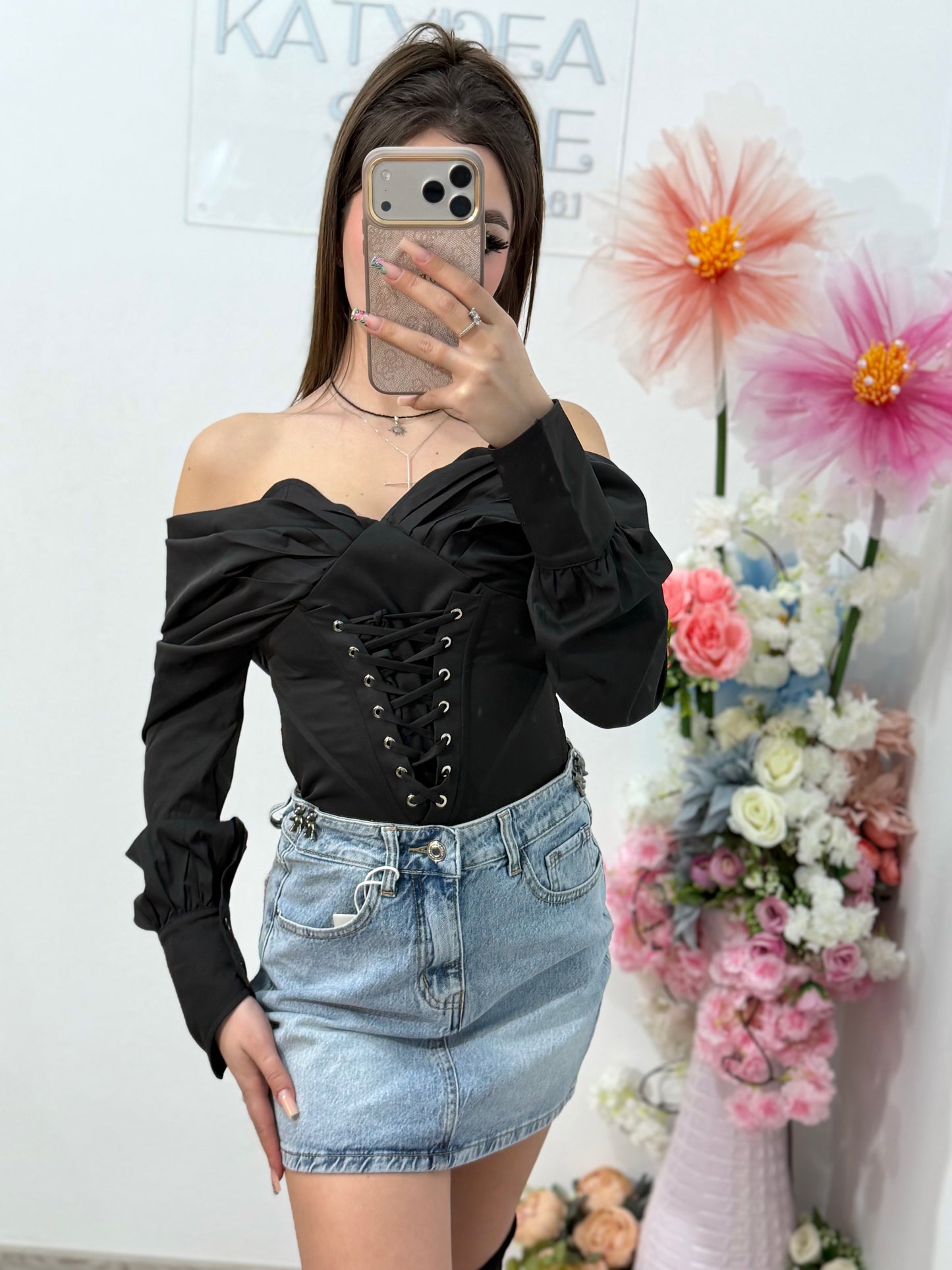 Fustă din denim cu buzunar roz cu cristale RAMONA