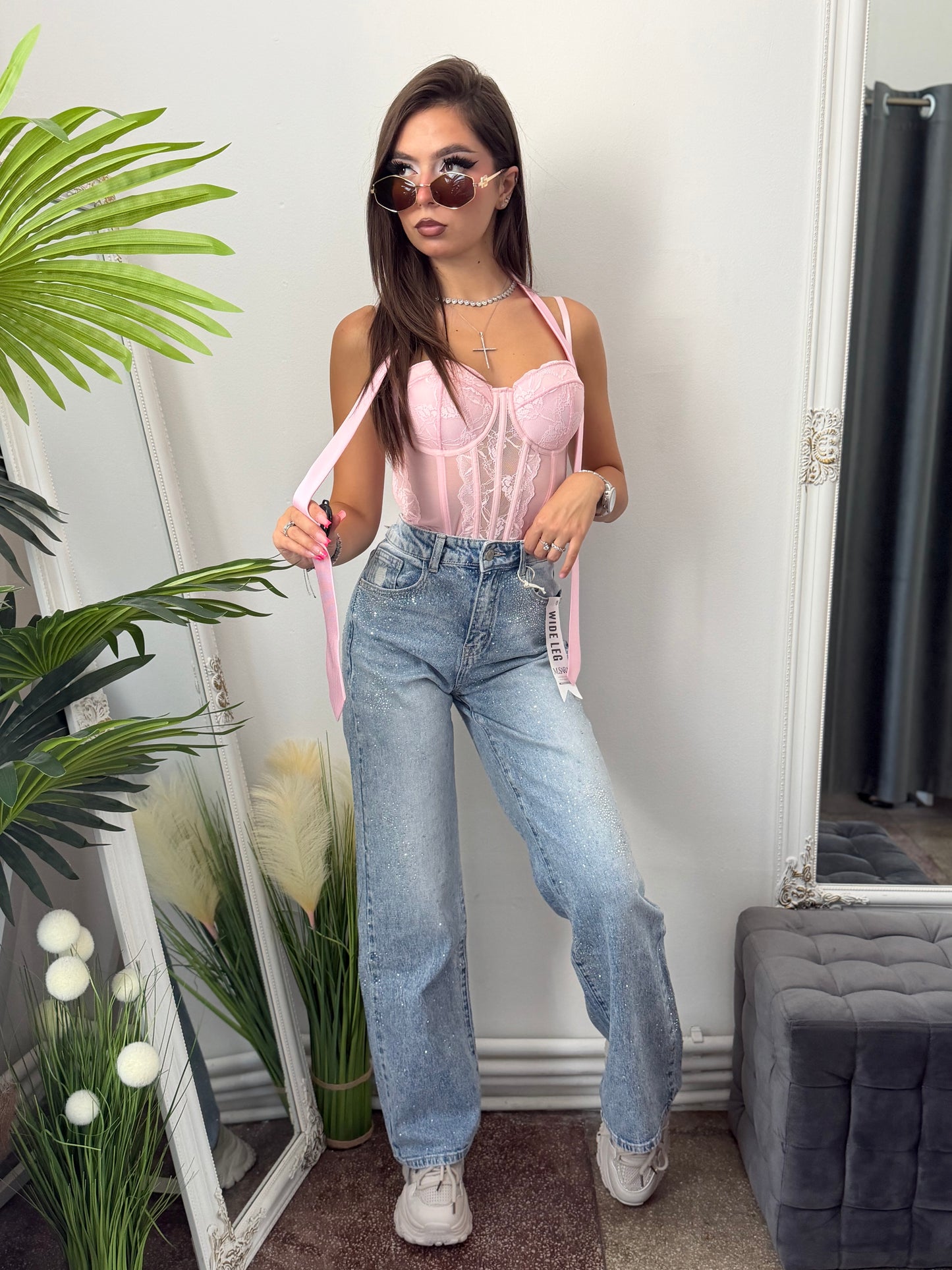 Jeans WideLeg blue cu cristale ștanțate CAMY