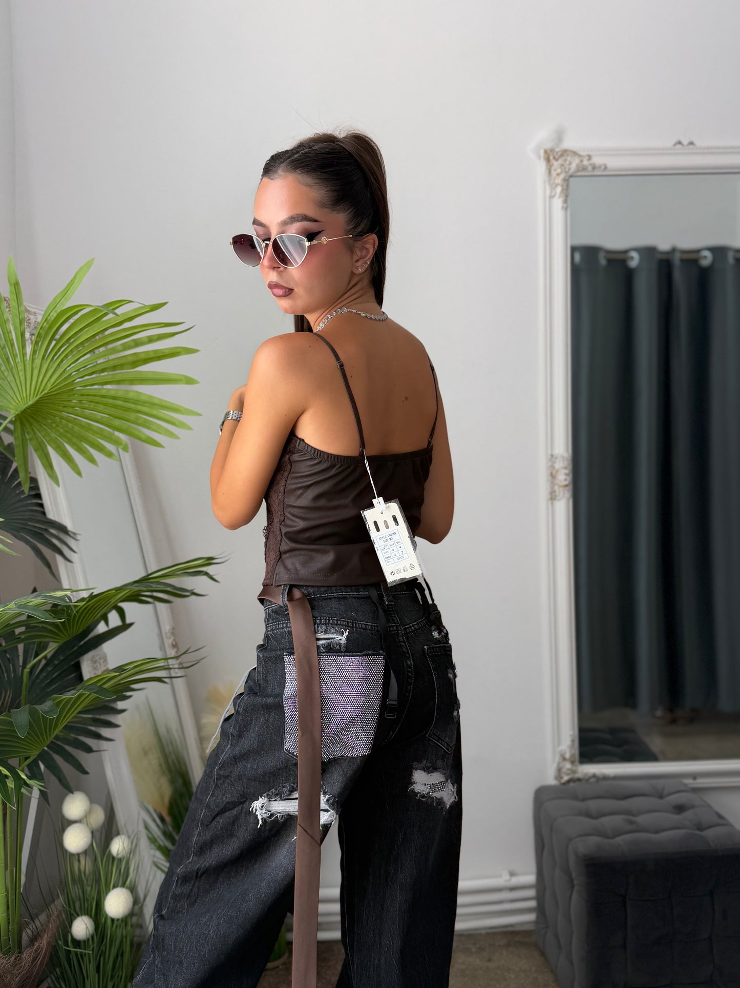 Top tip corset din imitație de piele maro