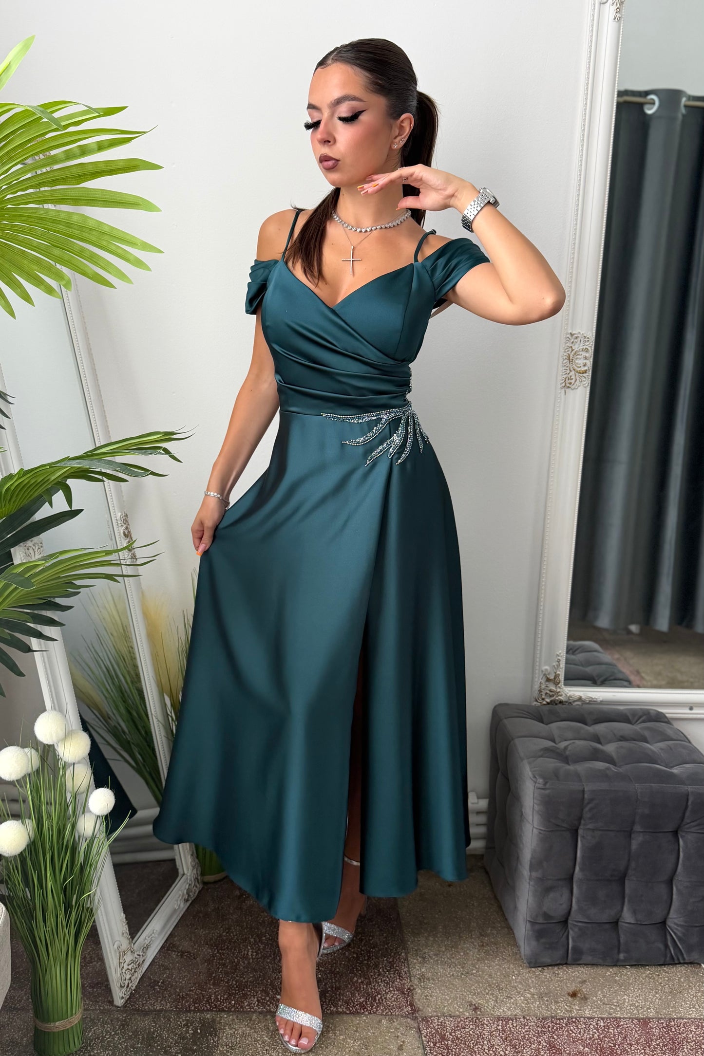 Rochie midi elegantă turcoaz KARINNA
