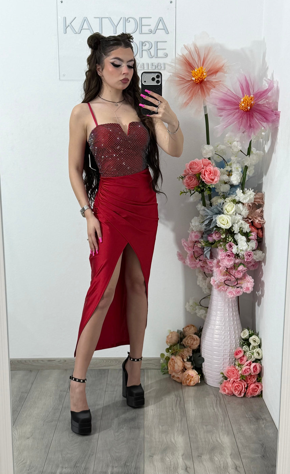 Rochie midi cu cristale rosie DELIA