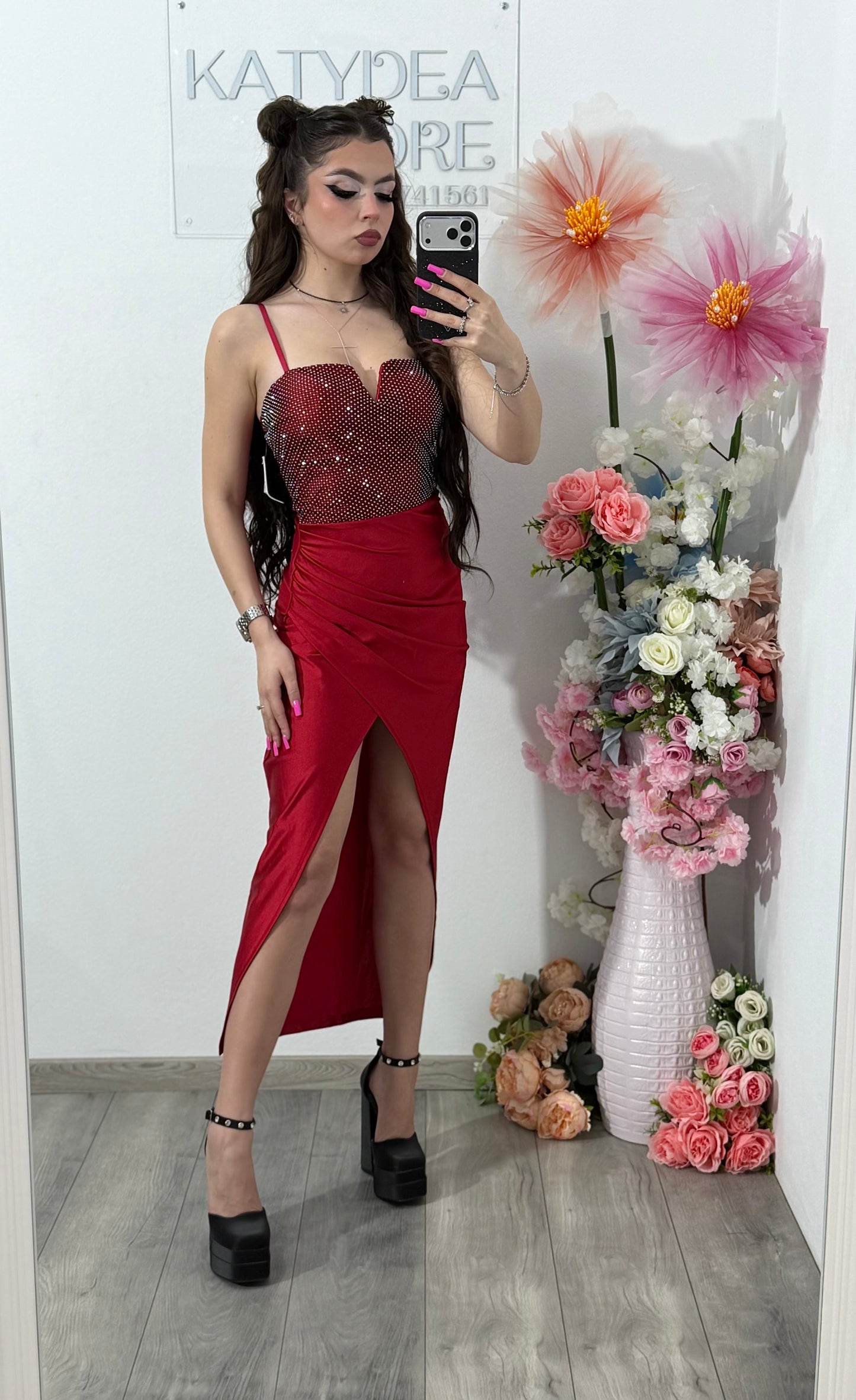 Rochie midi cu cristale rosie DELIA