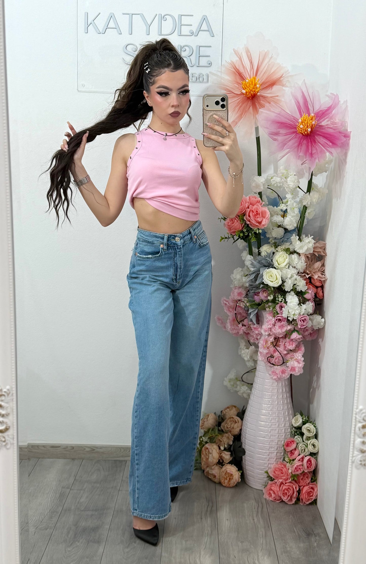 Jeans WideLeg cu buzunar cu piatra roz ștanțată ELIZA