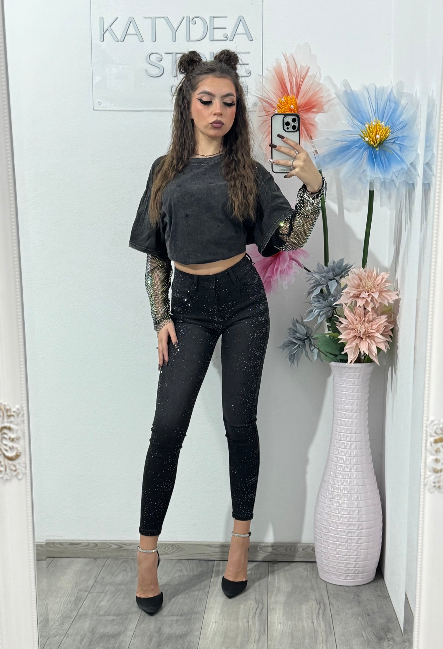 Jeans skinny negri cu cristale ștanțate DARIA