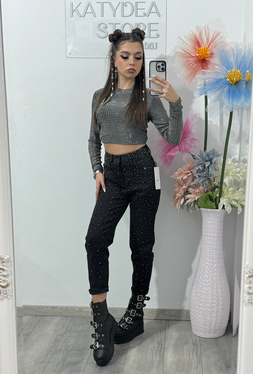 Jeans MOM Fit negri cu cristale ștanțate KATE