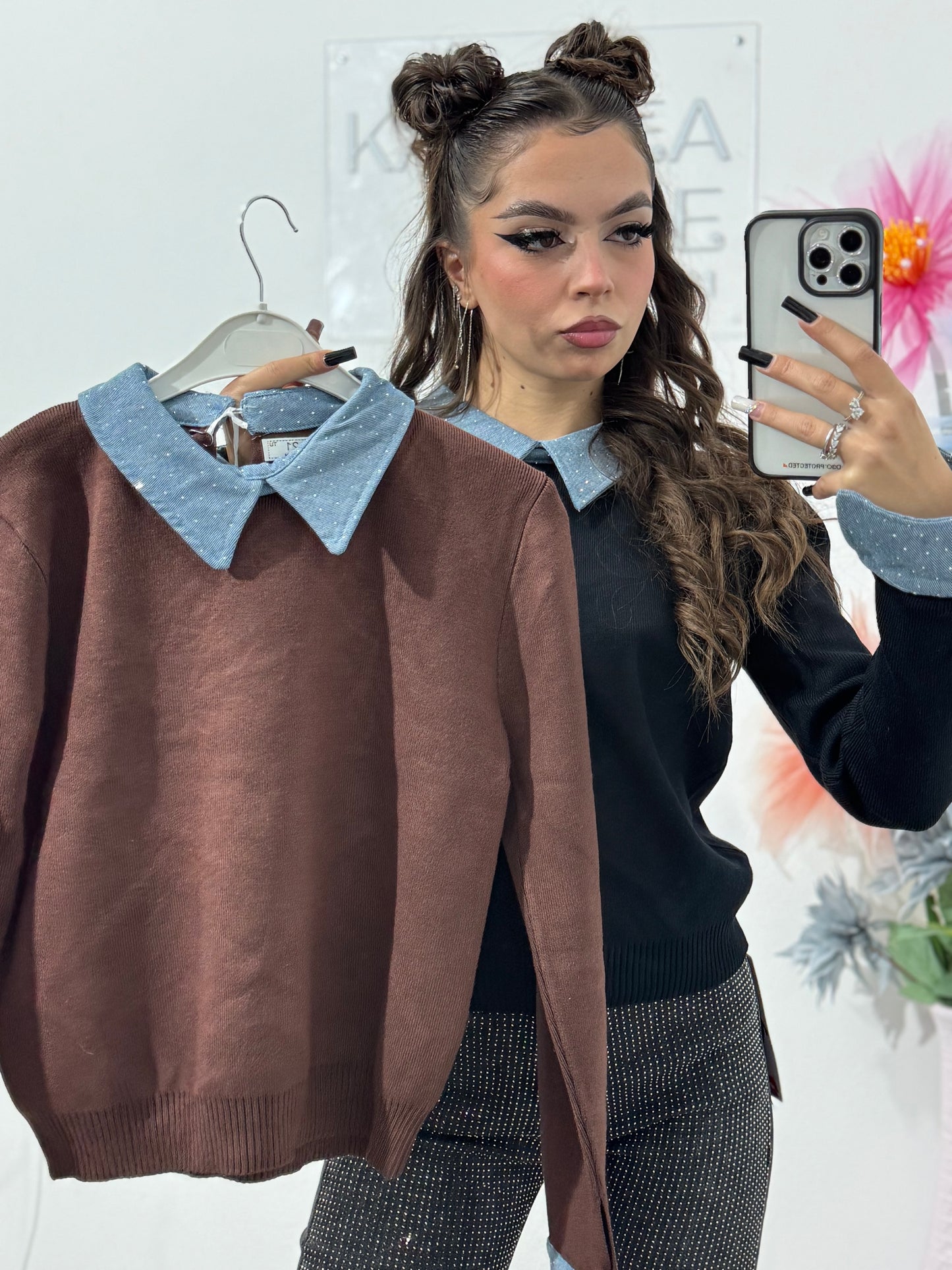 Pulover cu guler din denim Delia