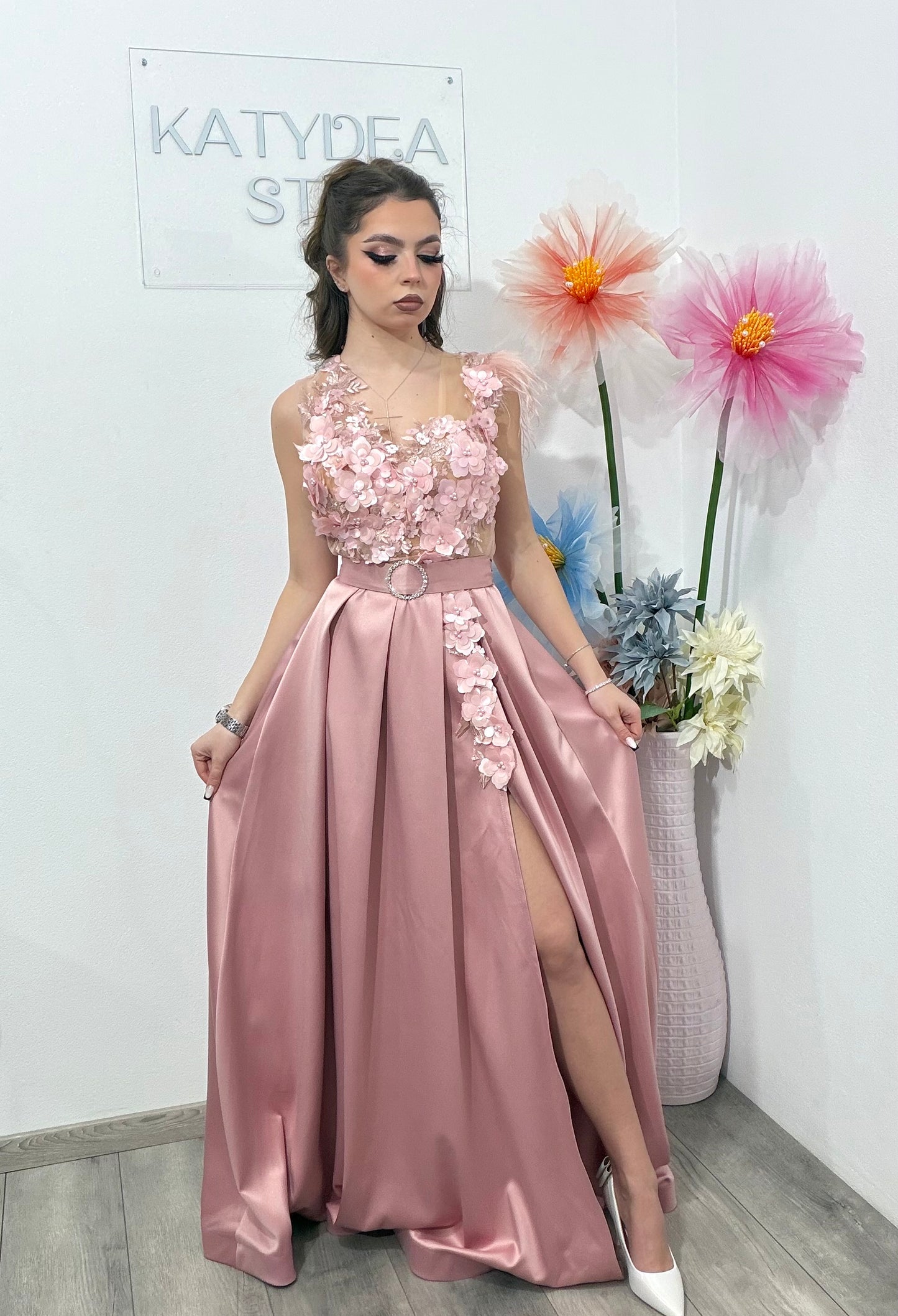 Rochie lunga din tafta roz Gabrielle