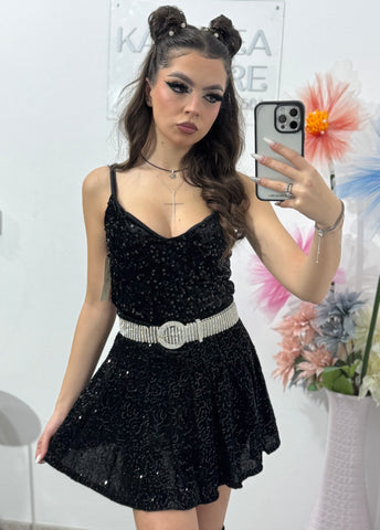 Fustă-pantalon plisată din paiete neagră DELIA