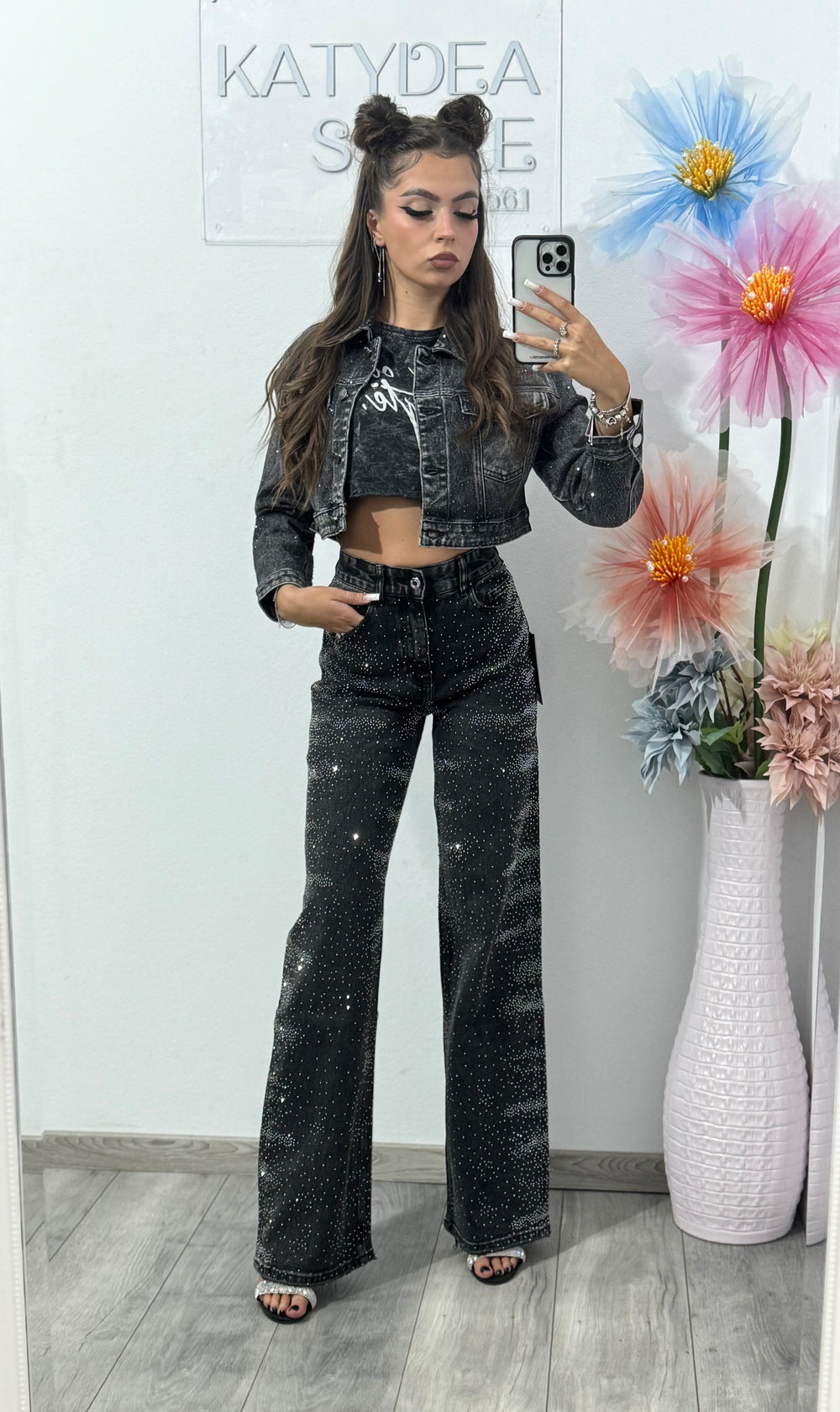 Jeans WideLeg cu cristale ștanțate Glam