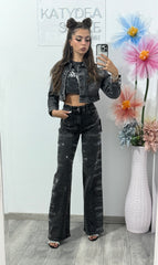 Jeans WideLeg cu cristale ștanțate Glam