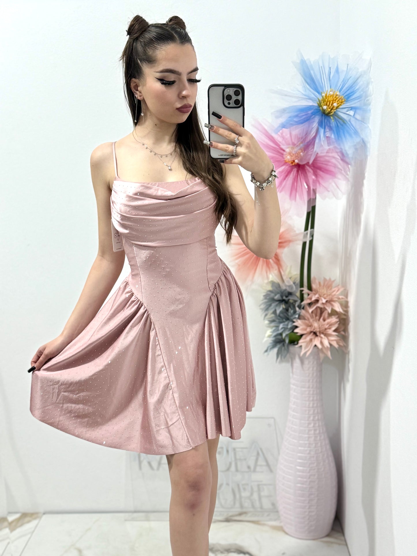 Rochie elegantă cu cristale roz pudră Ginny