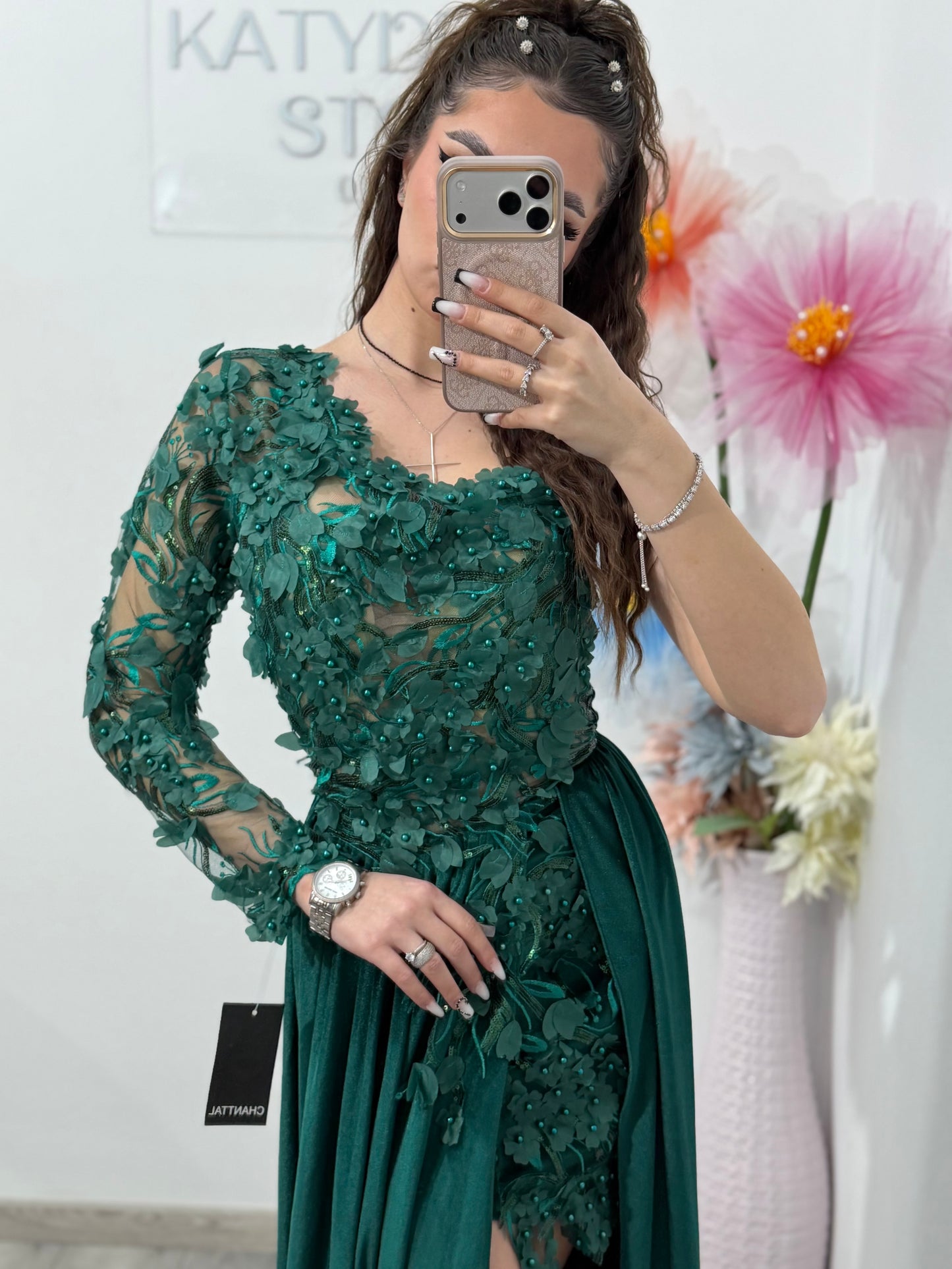 Rochie verde spectaculoasă din catifea și dantelă DELUX