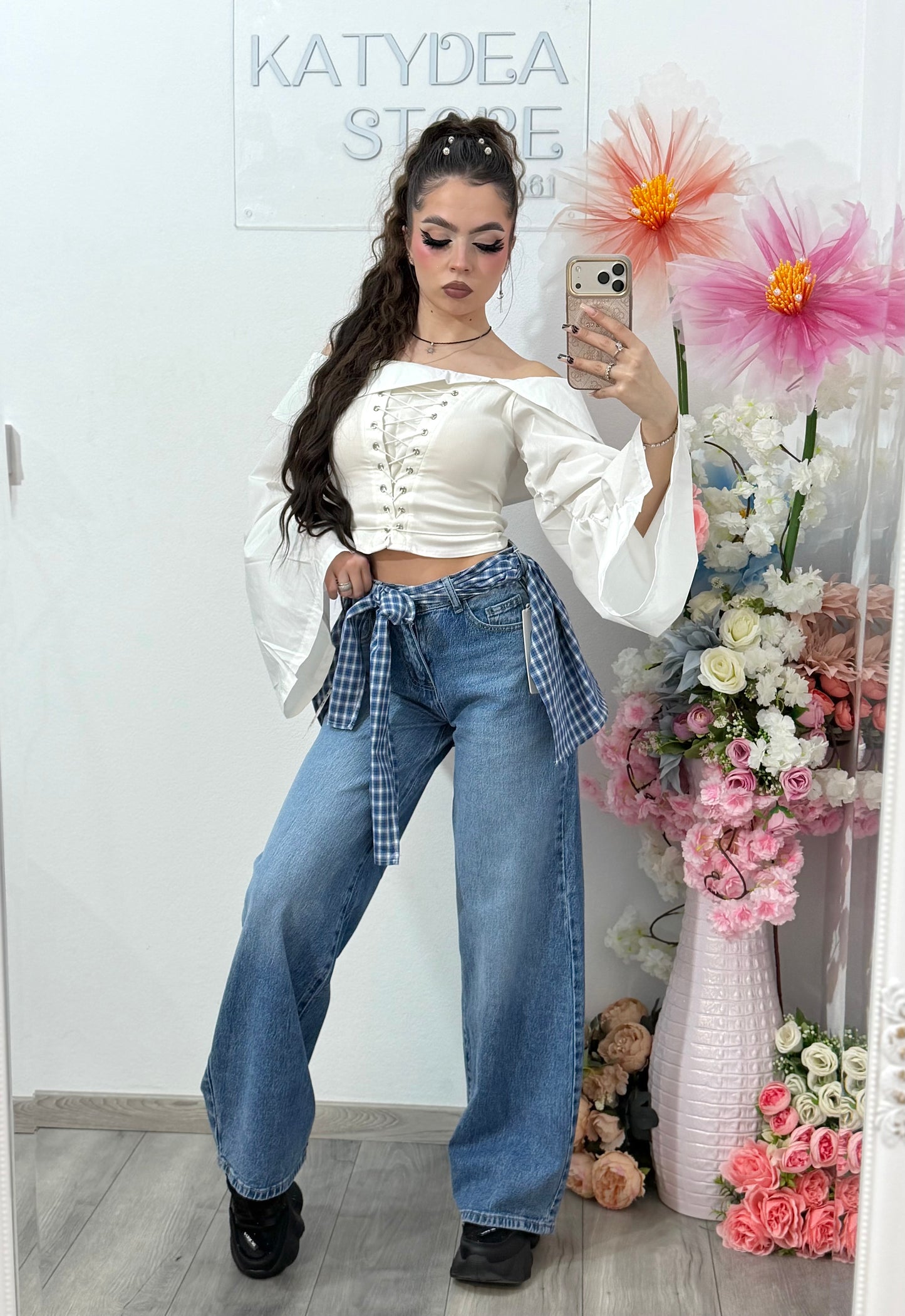 Jeans WideLeg albaștri cu cămașa în carouri detașabilă MONIK