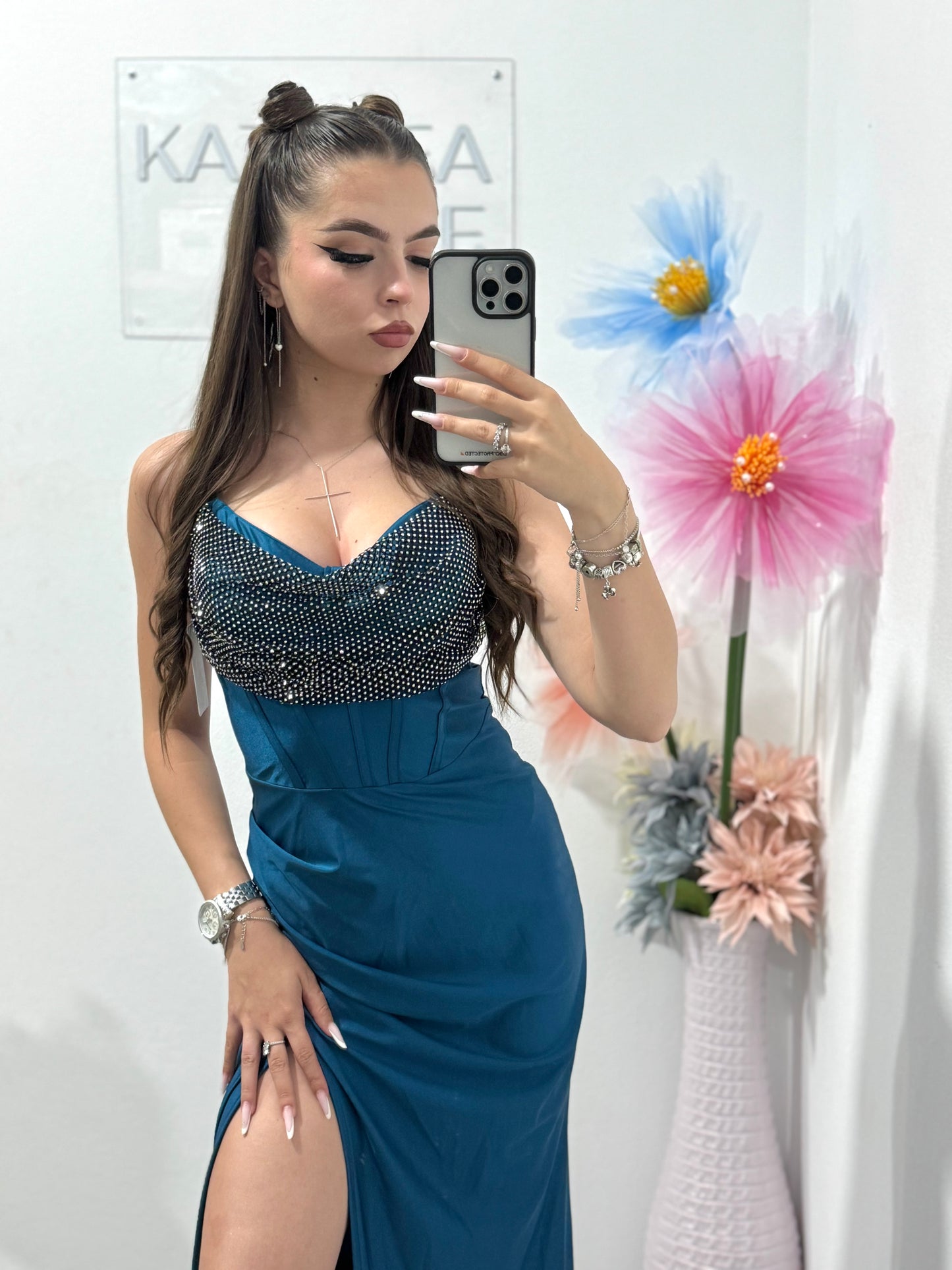 Rochie elegantă  cu cristale turcoaz Katherine