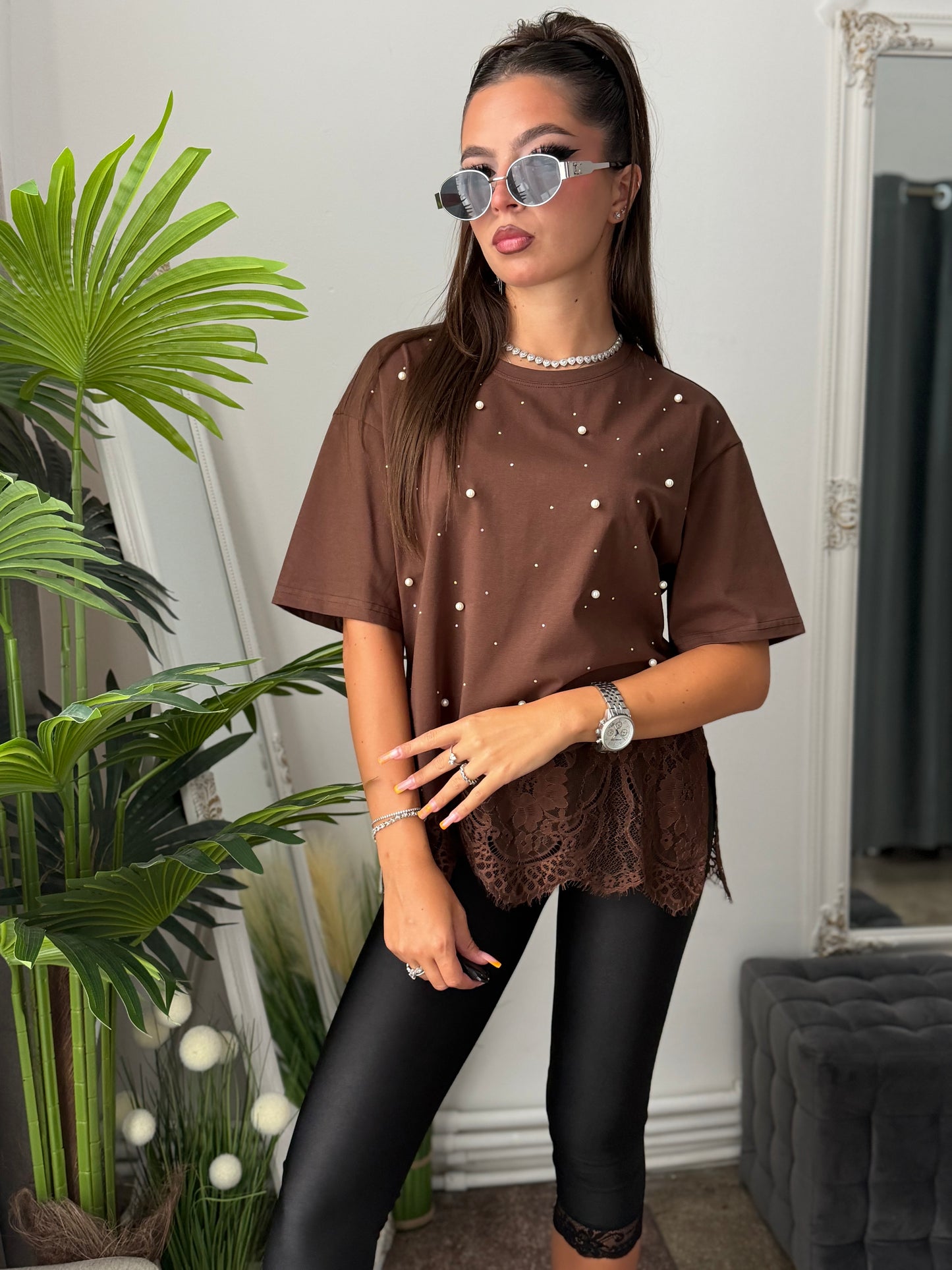 Tricou maro cu cristale și dantelă DENISSA