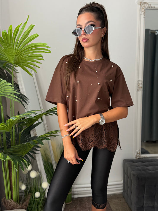Tricou maro cu cristale și dantelă DENISSA