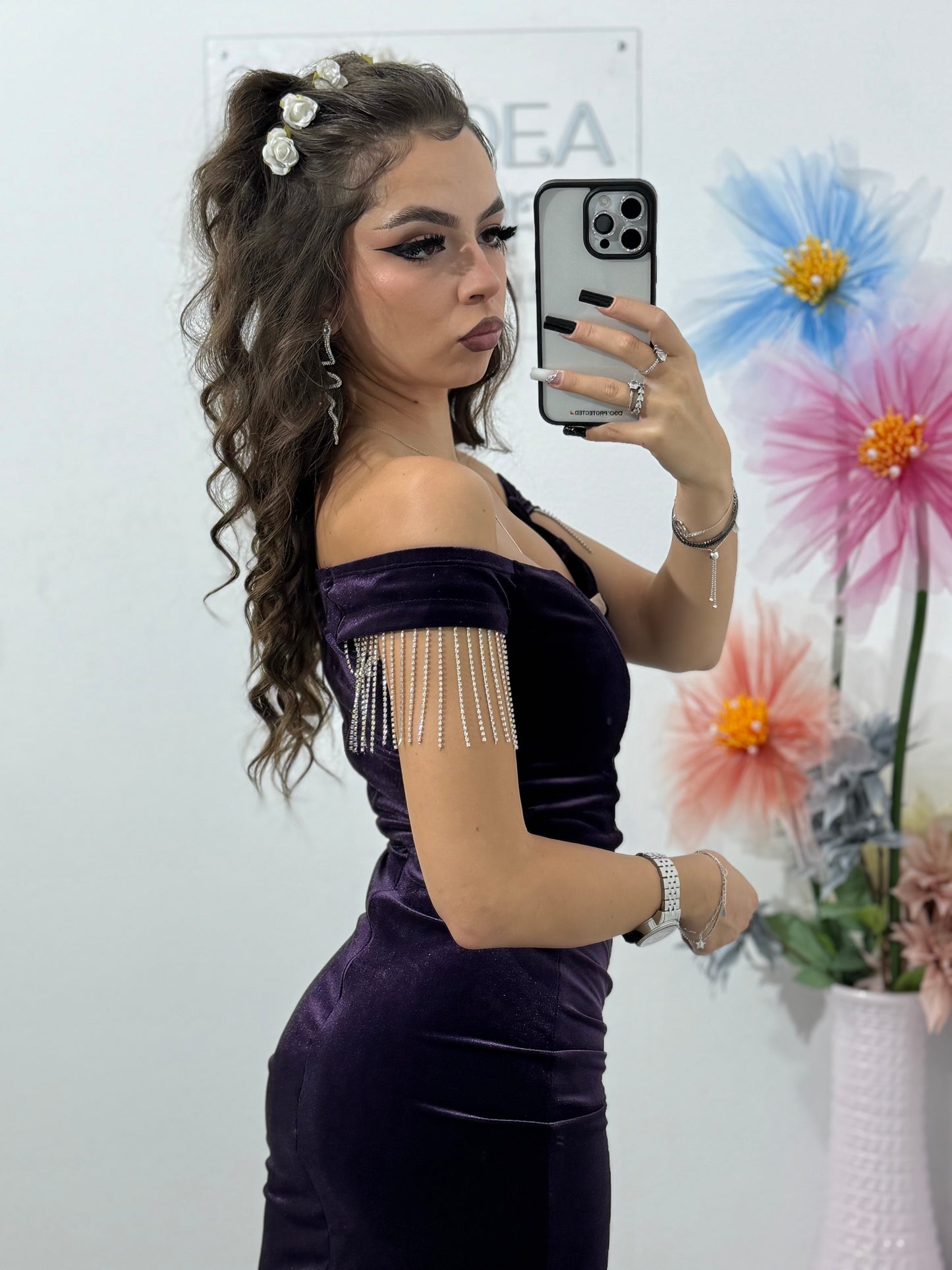 Rochie elegantă mov din catifea, cu umeri goi și despicătură pe picior Lolita
