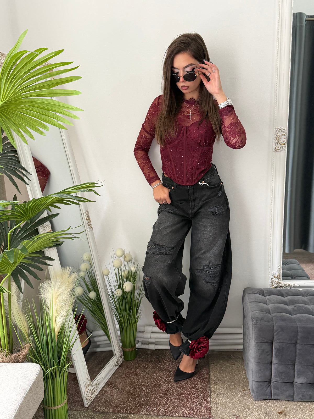 Top din dantelă cu cristale burgundy