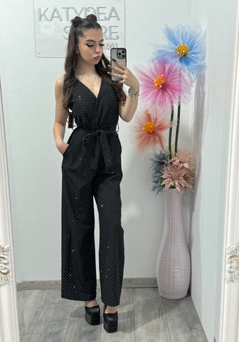 Salopetă elegantă cu cristale ștanțate neagră Annabelle