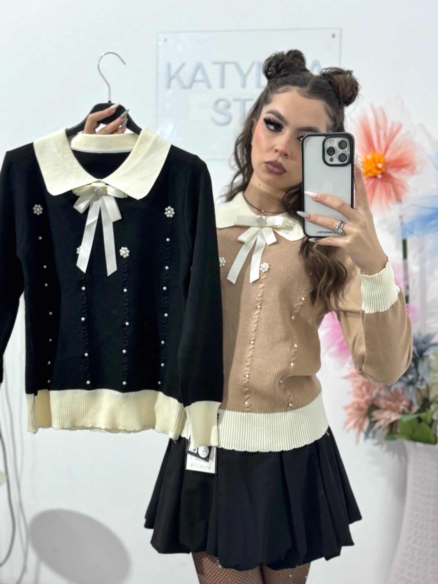 Bluză cu fundiță și perle ELEGANCE